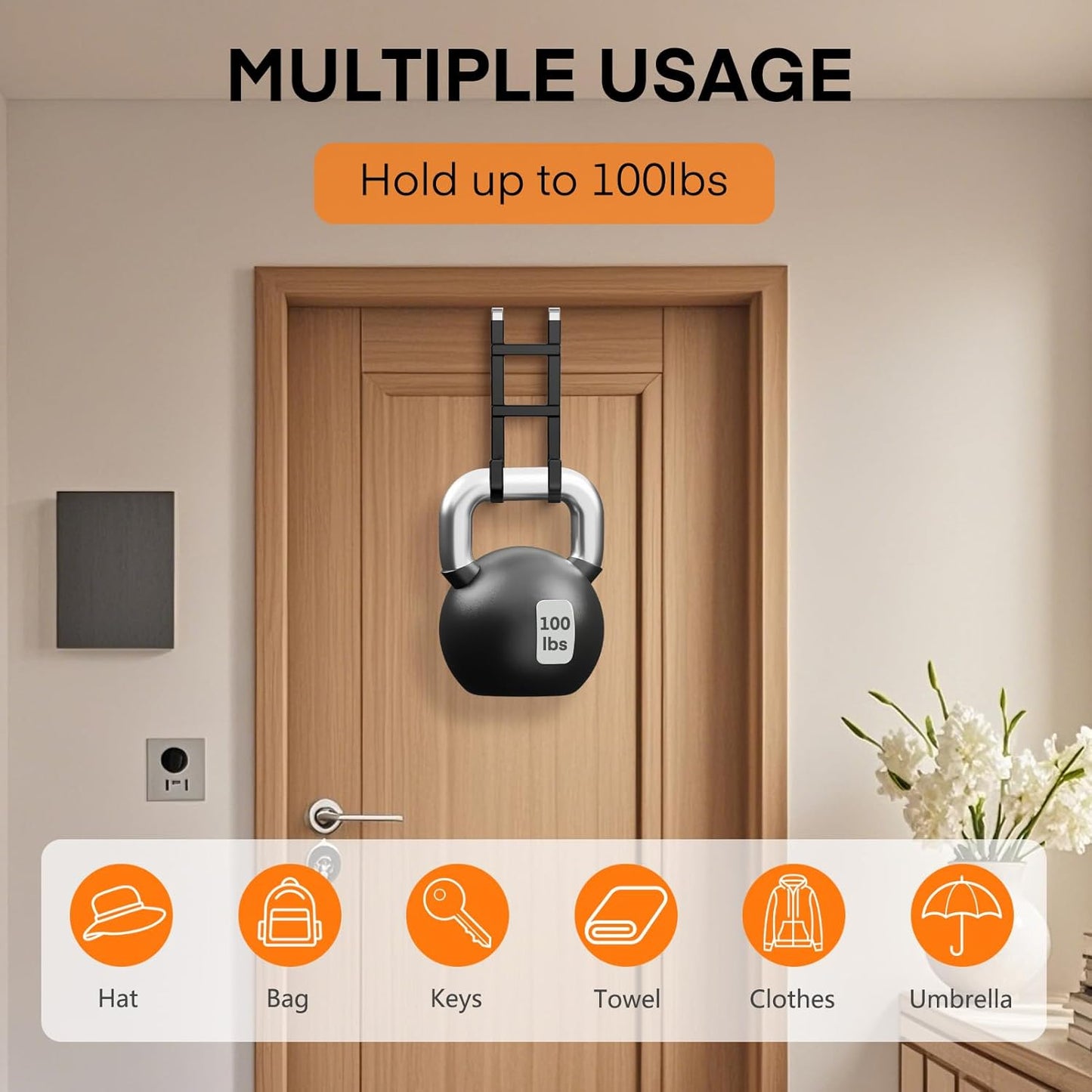 FYY Over The Door Hooks - 2 Pack Heavy Duty Dual-Hook Organizer Hanger with Non-Slip Rubber for Towels, Clothes, Hats & Bags Use in Bathroom, Bedroom, Kitchen - Fits Interior Doors Up to 1.6" Black