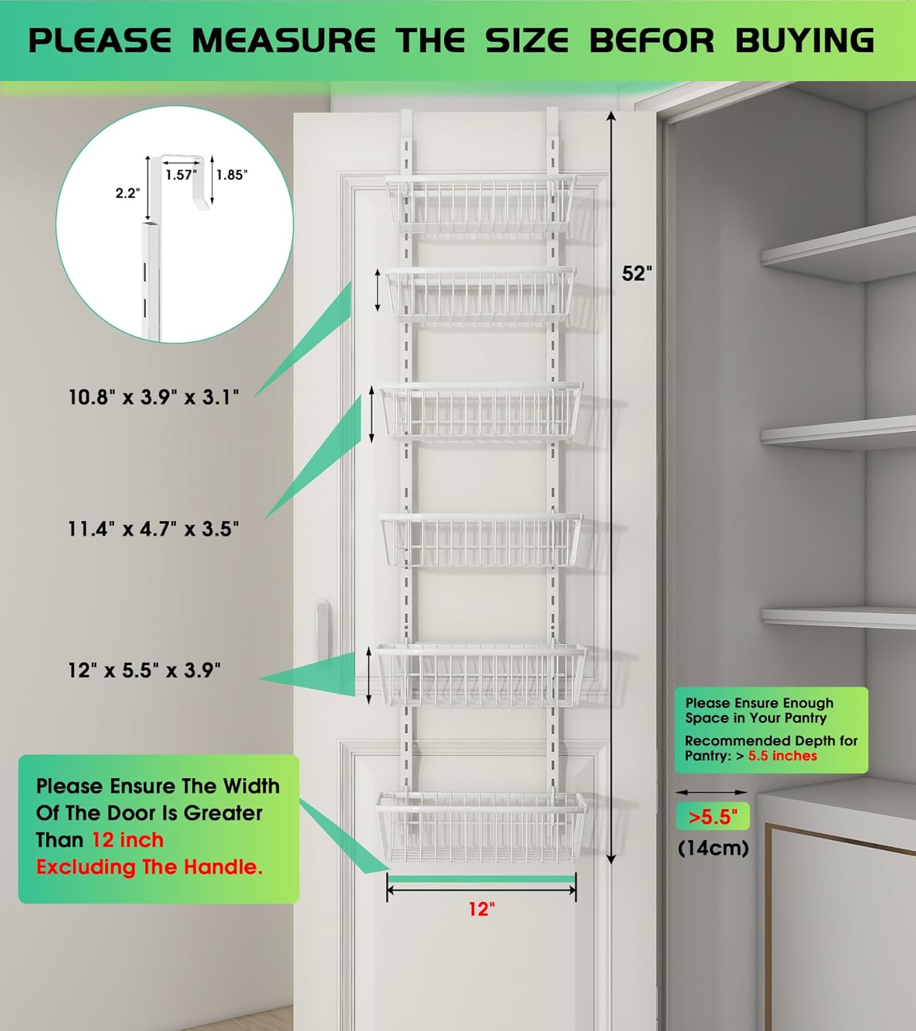 12 Inch Wide Narrow Over The Door Pantry Organizer, Pantry Organization and Storage, 6-Tier Metal Hanging Deep Basket Wall Spice Rack Seasoning Shelves, Home & Kitchen Essentials, White