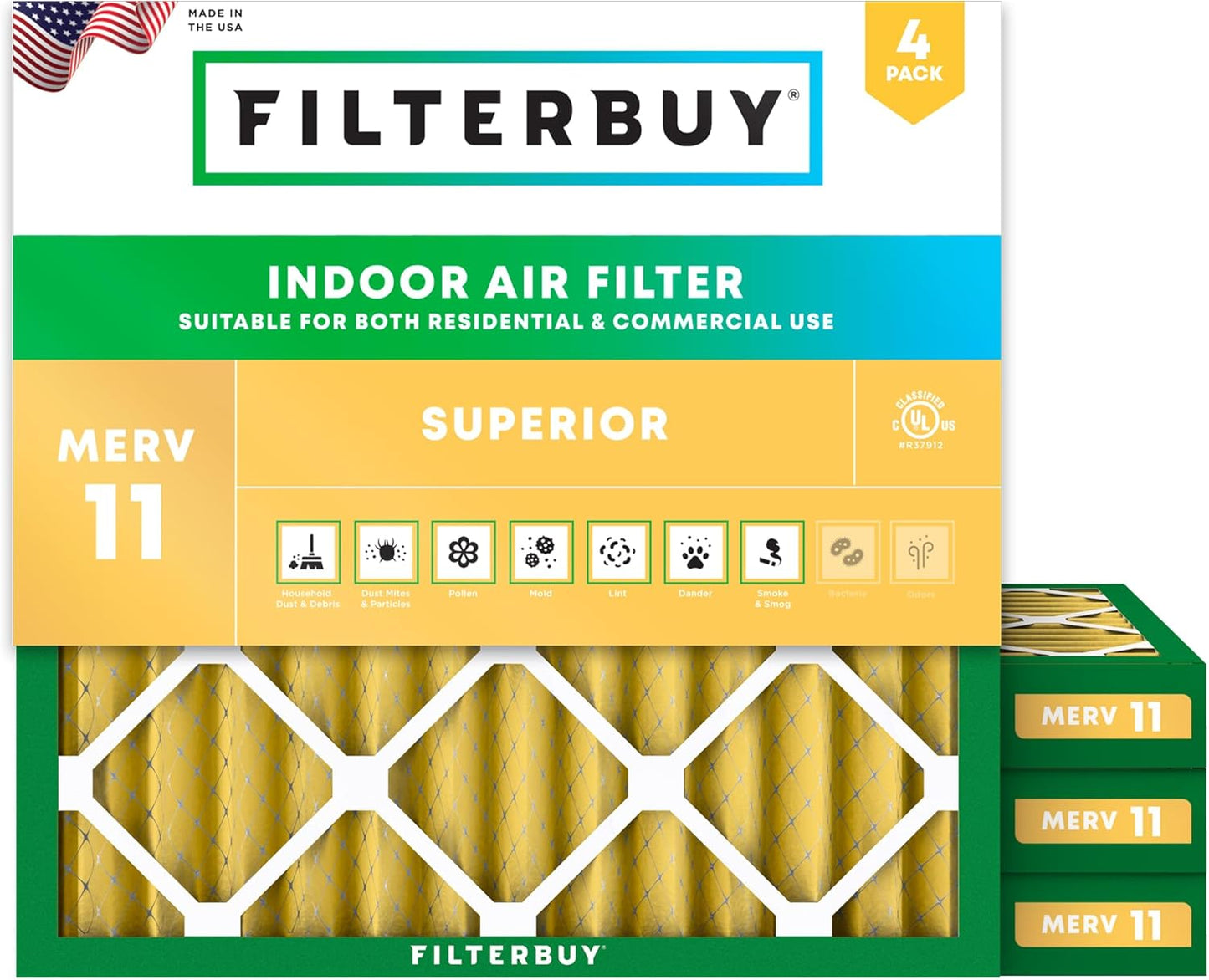 Filterbuy 25x25x2 Air Filter MERV 11 (MPR 1200) Allergen Defense Replacement (4-Pack), Electrostatic Pleated HVAC AC Furnace Filters, Made in USA (Actual Size: 24.50 x 24.50 x 1.75)