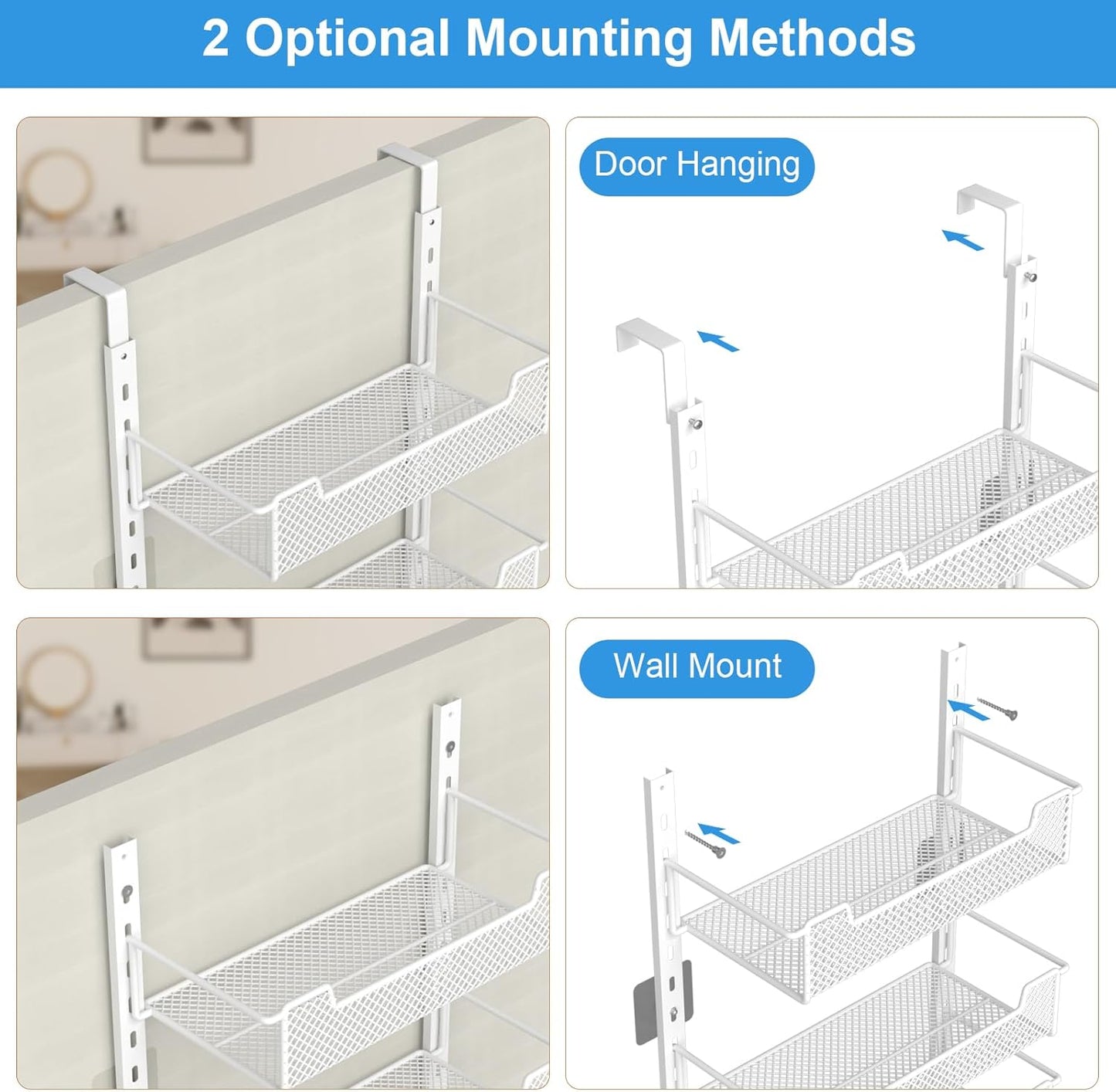 12.3" W Narrow Over the Door Pantry Organizer, 8-Tier Over the Door Organizer with Adjustable Basket, Pantry Door Organization for Pantry Kitchen Storage Room Spice Rack, White