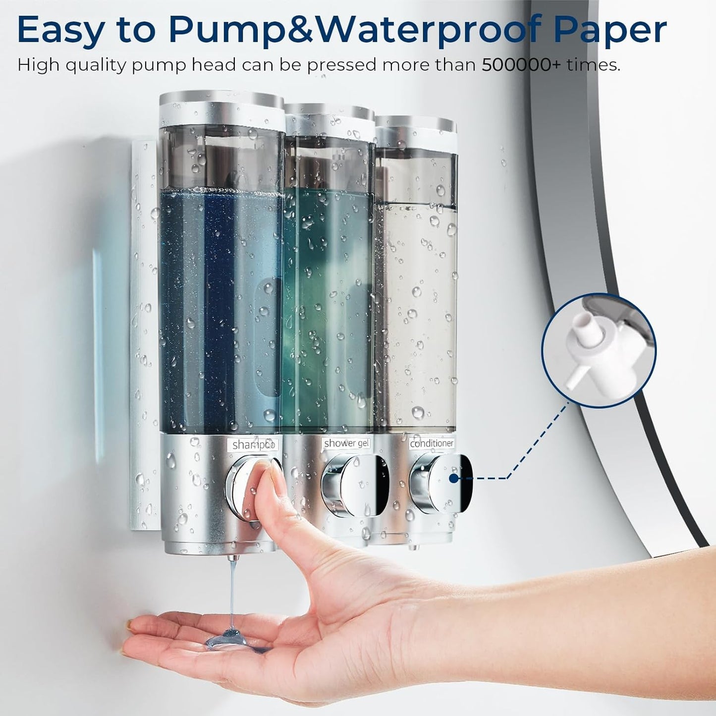 Shampoo and Conditioner Dispenser, Pollock Shower Soap Dispenser 3 Chamber No Drill, Wall Mounted Shampoo Body Wash Conditioner for Bathroom Large Capacity Silver