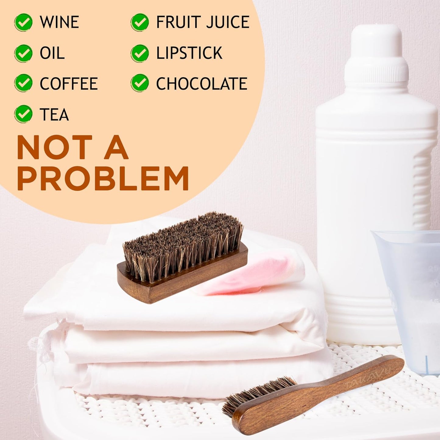 Horsehair Laundry Stain Brushes Set 2pcs by TAKAVU, Natural Soft Bristle for Scrubbing Out Tough Stains on Delicate Fabrics Knits Cotton Leather Washable Fabrics