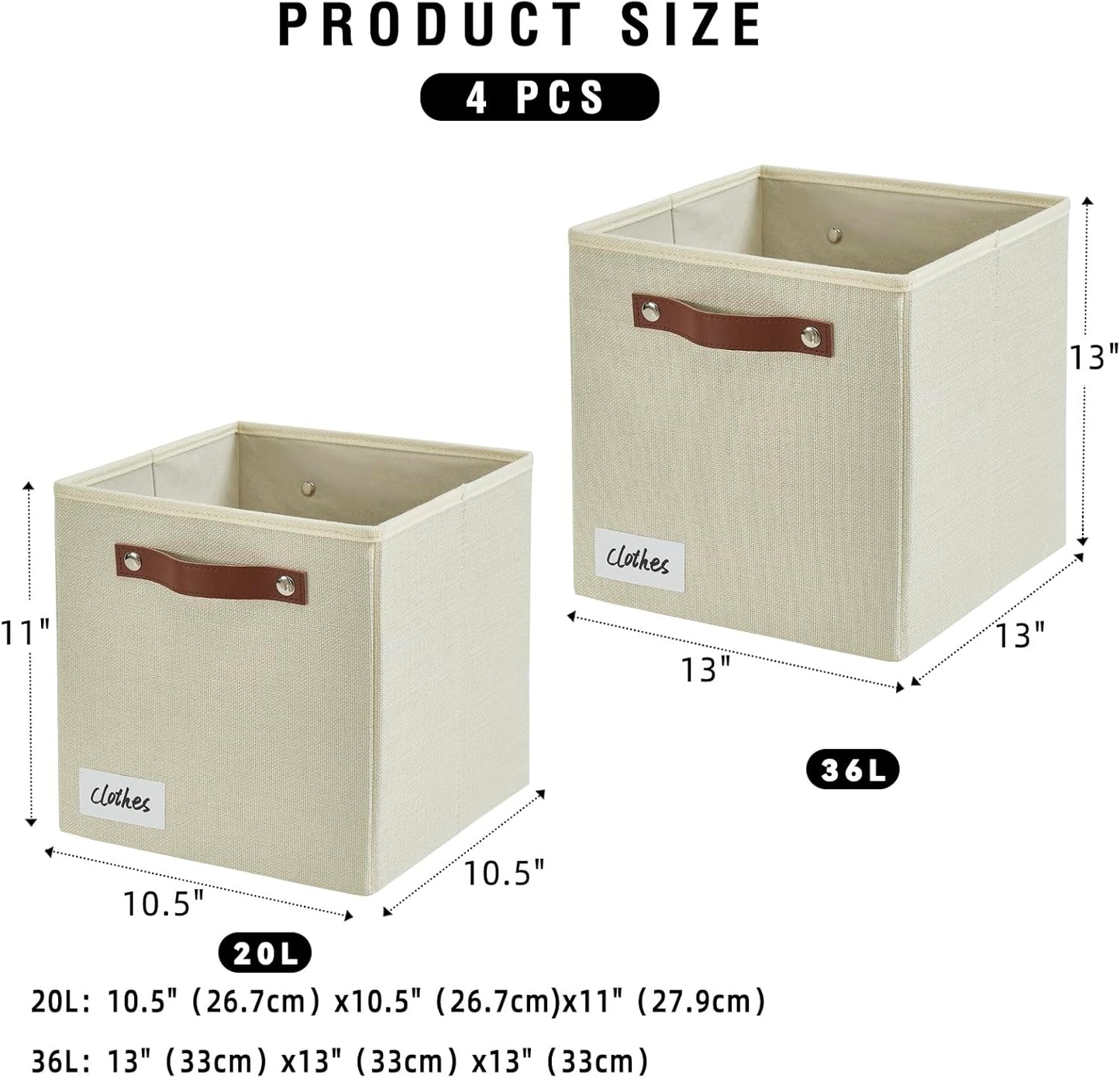 Collapsible Fabric Storage Cube Bins with 2 Reinforced PU Handles, Foldable Storage Organizer Baskets for Closet, Shelves, Living Room | 11"x11"x11", 4 Pack, Full Beige