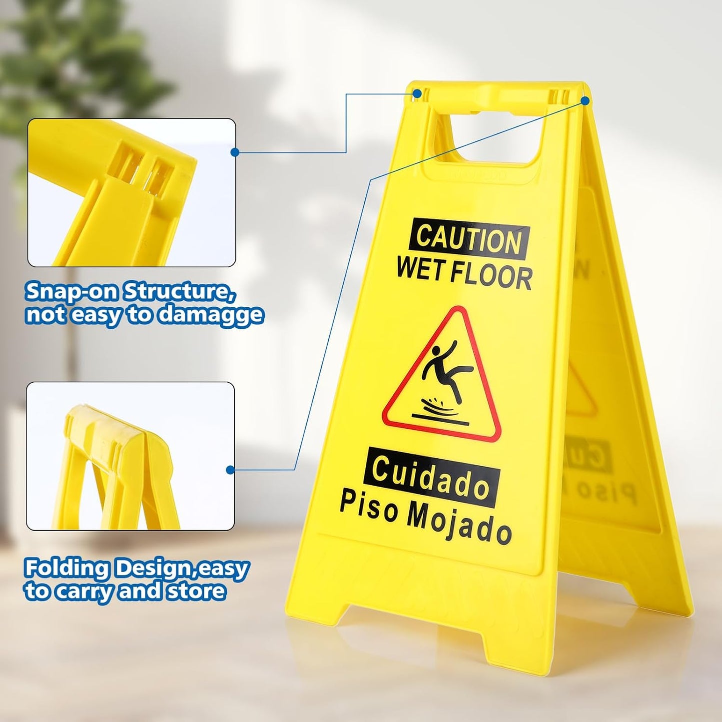 8-Pack Caution Wet Floor Sign,17.5" Height,Bright Yellow Double-Sided Folding A-Shaped Frame Design, Bilingual Caution Message