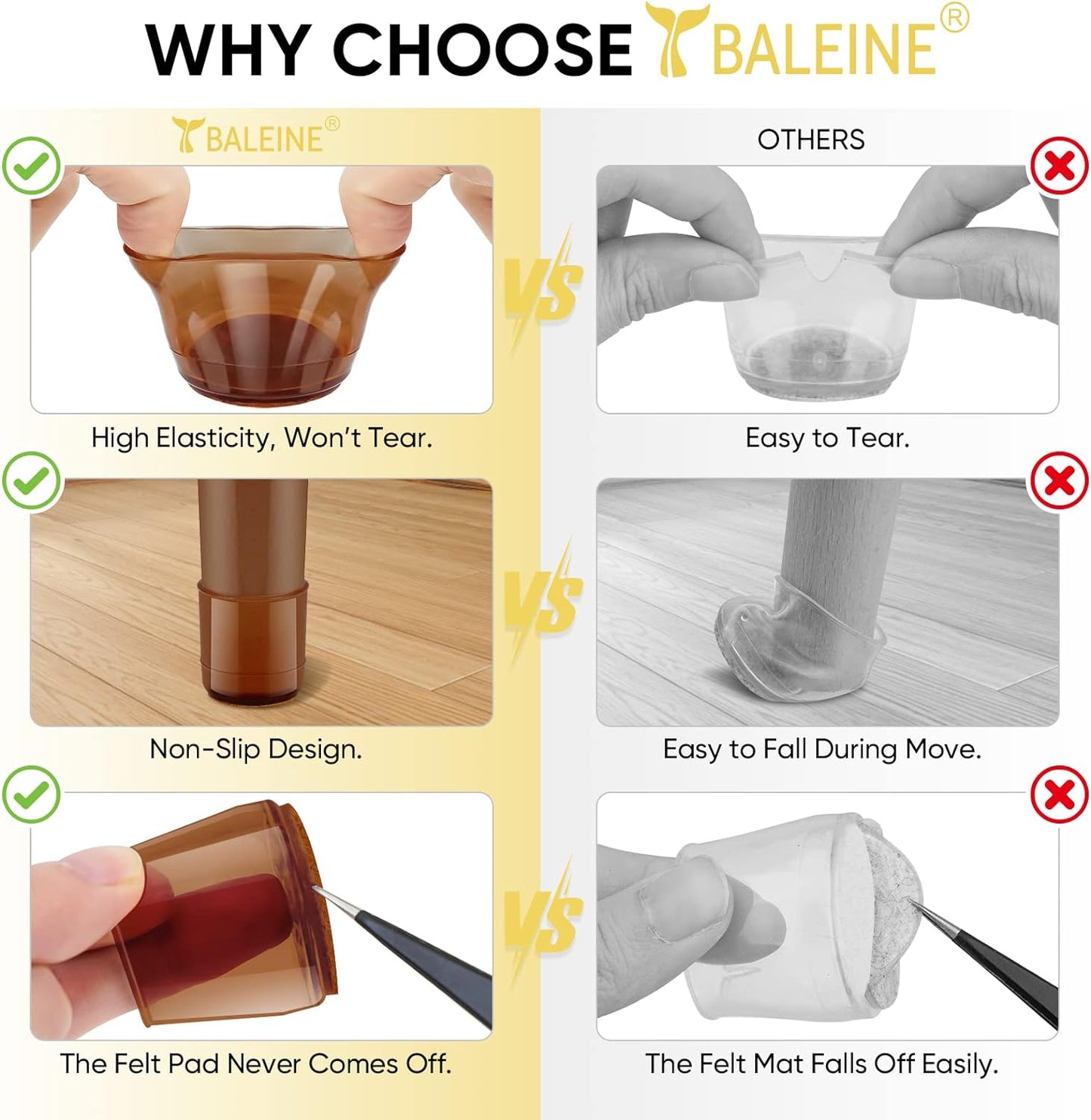 BALEINE 32 Pack Silicone Chair Leg Floor Protectors, Stool Leg Protectors Cap, Non-Slip Chair Leg Caps for Hardwood Floors (Brown, X-Large, 32 Pack)