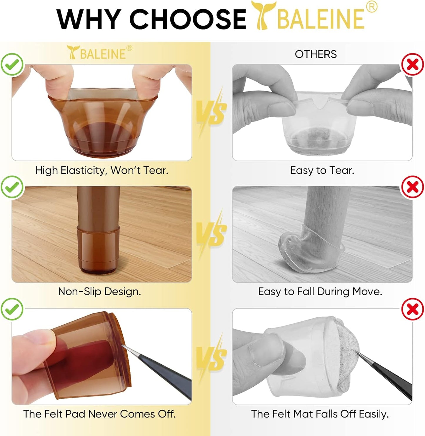 BALEINE 24 Pack Silicone Chair Leg Floor Protectors, Stool Leg Protectors Cap, Non-Slip Chair Leg Caps for Hardwood Floors (Brown, X-Large, 24 Pack)