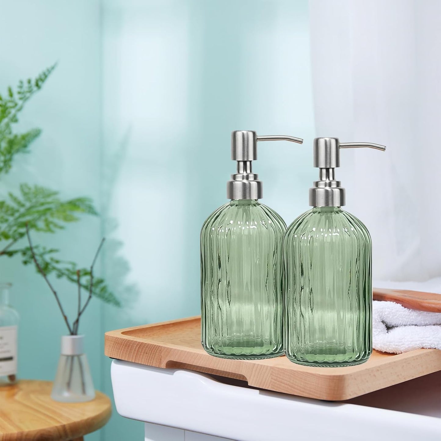 14Oz Green Soap Dispenser Bathroom - 2 Pack, Clear Glass Hand Soap Dispensers with Stainless Steel Pump, Refillable Dish Soap Dispenser with Funnel for Kitchen, Countertop Soap Dispensers