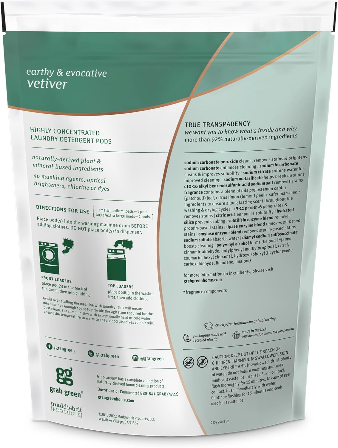 Grab Green 3-in-1 Laundry Detergent Pods, 24 Count, Vetiver Scent, Plant and Mineral Based, Superior Cleaning Power, Stain Remover, Brightens Clothes