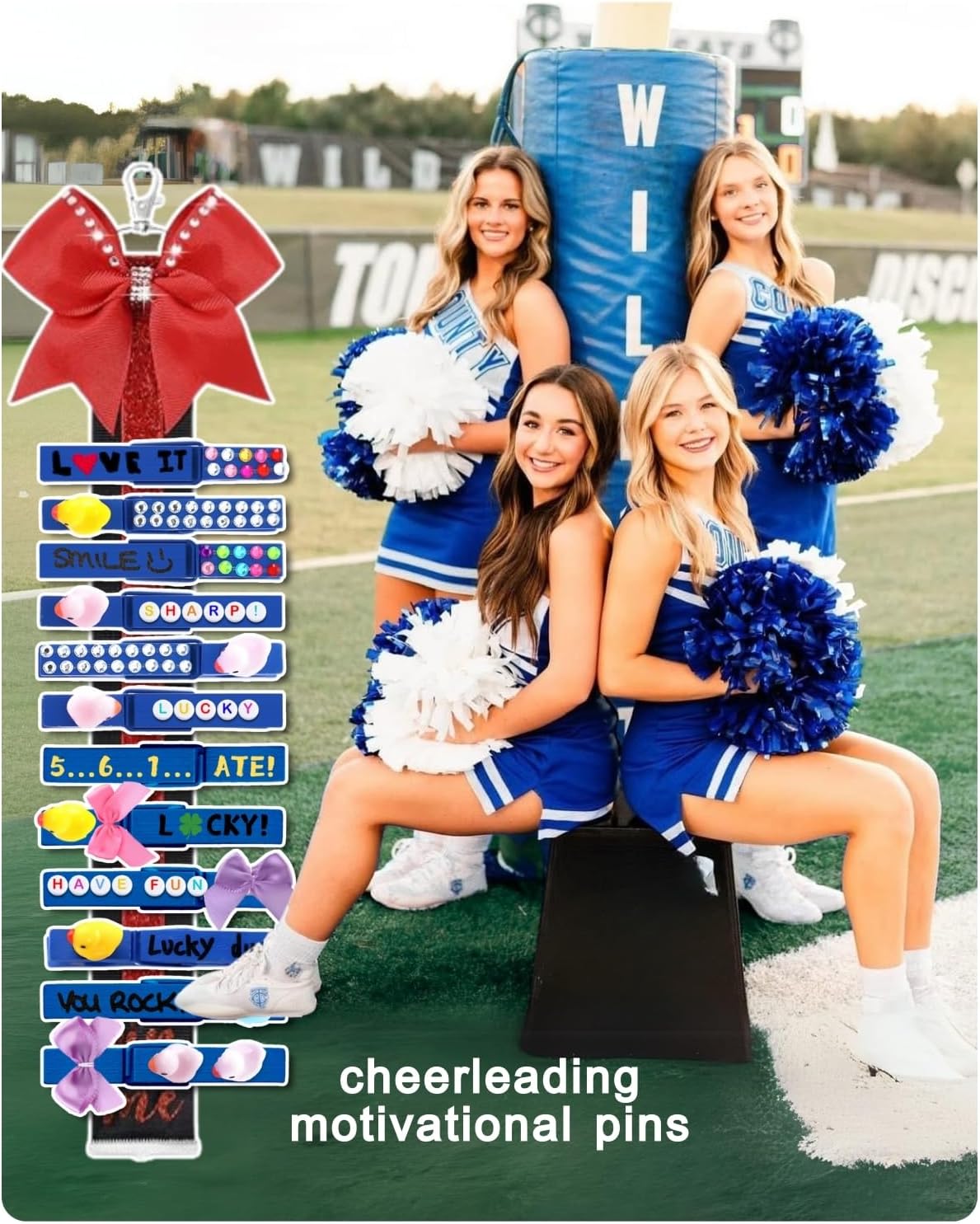 Cheer Pins for Backpack Cheer Stuff Kit 70 Blue Colored Clothes Pins with Mini Resin Ducks Bows Letter Beads Team Cheerleaders Gifts Bulk Pin Me Ribbon for Bag Decorations Competition Spirit Clips