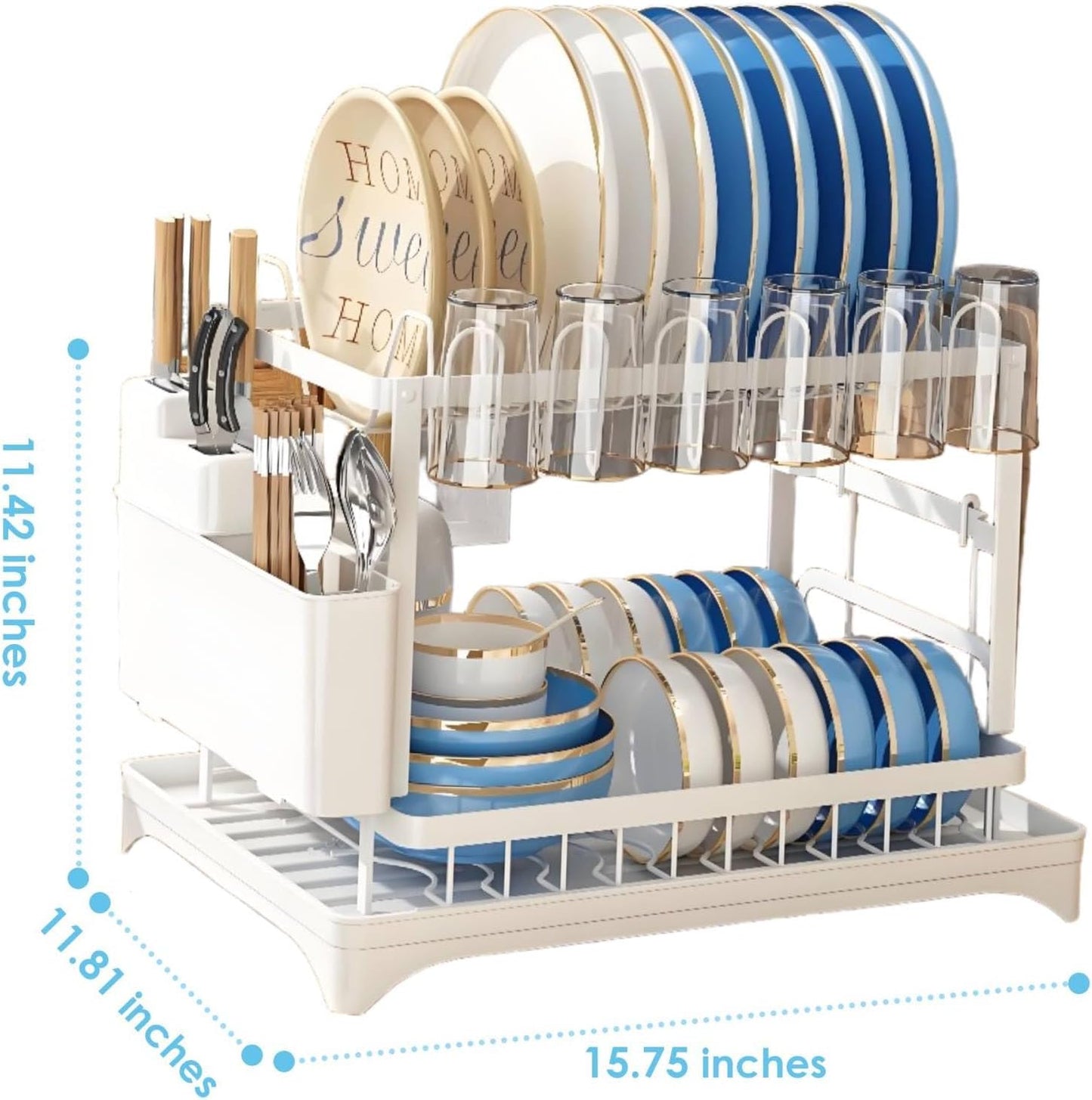 Dish Drying Rack for Kitchen Counter 2 Tier Iron Dish Drainer with Removable Cutlery Basket, White