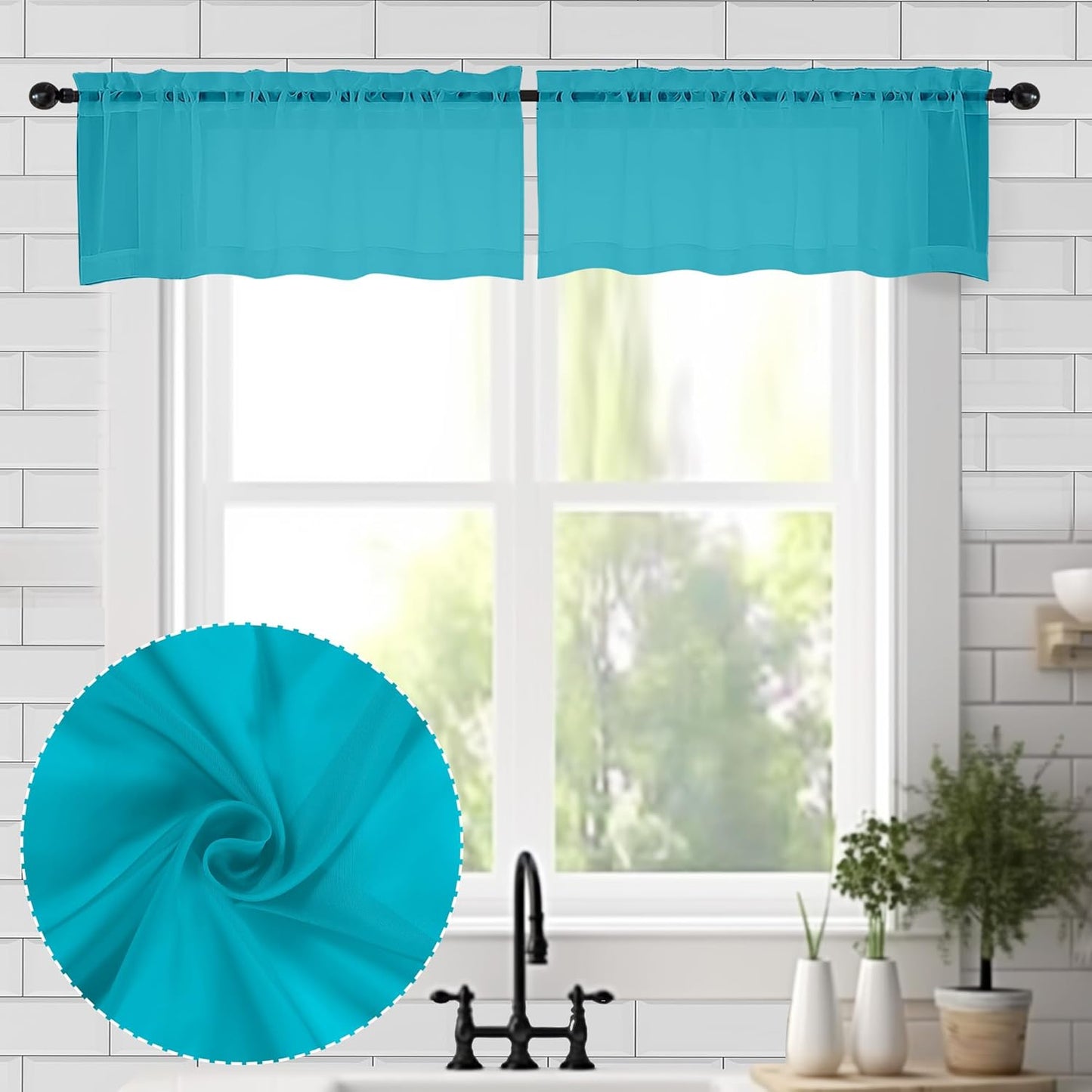 Chyhomenyc Sheer Valances for Windows 2 Pieces, 42Wx14L Inches Small Valance for Living Room Bedroom Study Laundry Basement, Rod Pocket Voile Valance, Turquoise
