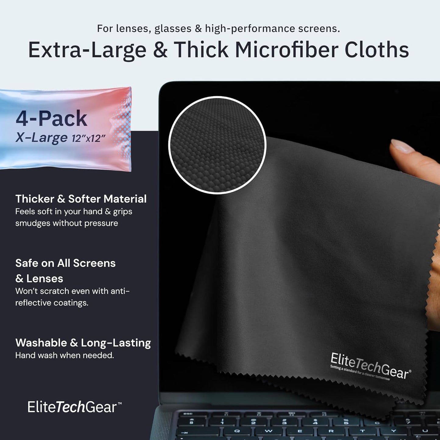 Elite Screens Microfiber Cleaning Cloth for Glasses & Electronics - 12" x 12", Pack of 4, Black - Lens Wipes, Eyeglass Cleaning Wipes & Lens Cloth for Smudge-Free Screens