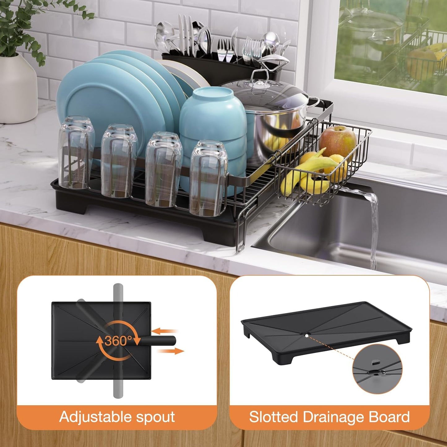 Dish Drying Rack,Extendable Dish Rack,Drying Rack with Automatic Drainboard，Dish Drainers for Kitchen Counter,Anti-Rust Dish Drainers with Cup Holders & Utensil,Black