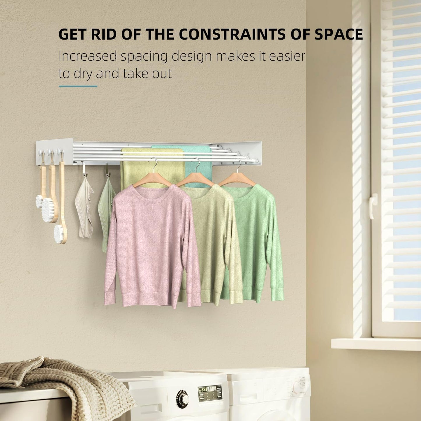 Drying Rack Clothing,Clothes Drying Rack Wall Mounted,Laundry Drying Rack Wall Mount,Foldable,Collapsible,60 lb Capacity 5 Aluminium Poles with 12 Hooks,Space Saving Clothes Drying Rack,White 40"