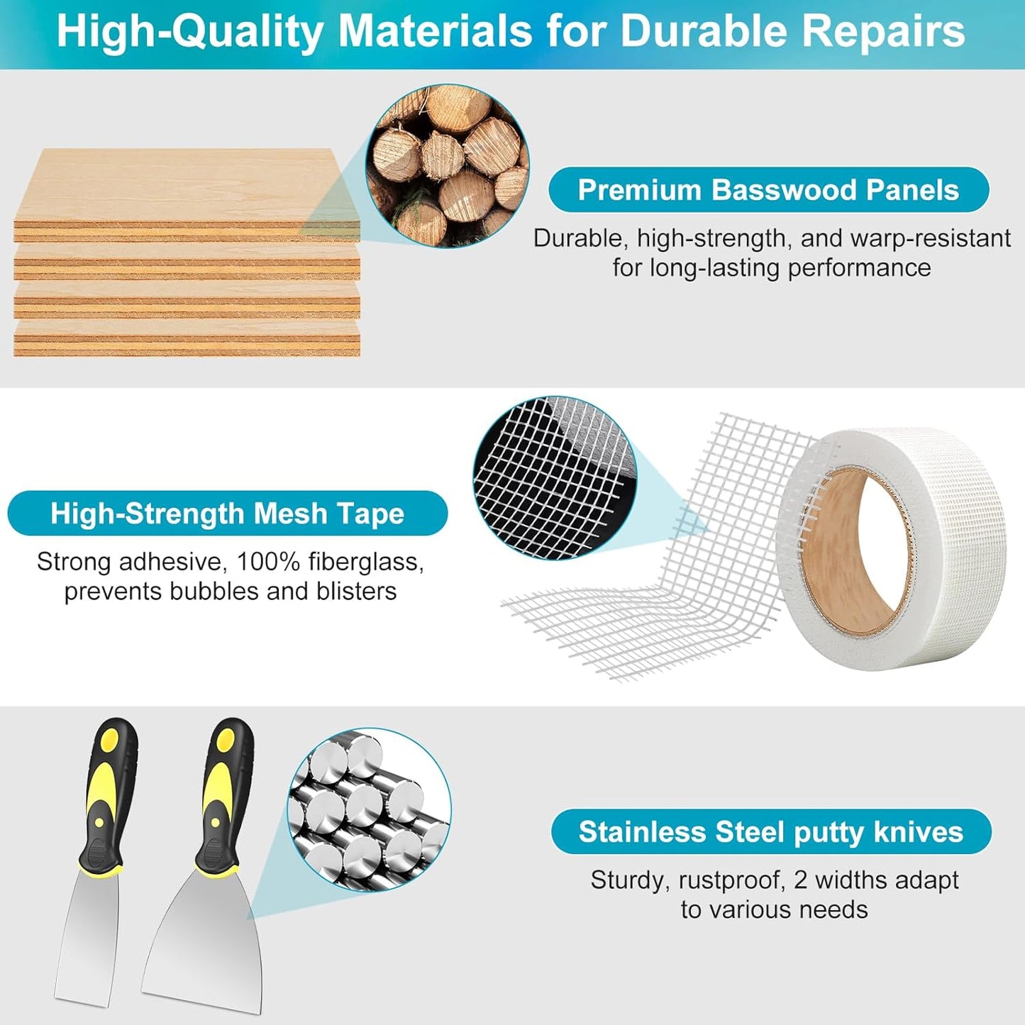 Drywall Repair Kit with 12"x12" Dry Wall Repair Panel, 33-in-One Drywall Patch Kit Wall Patch Repair Kit with Spackle, Mesh Tape, Putty Knives & Sanding Block for Wall Surface Ceiling Large Hole Fill