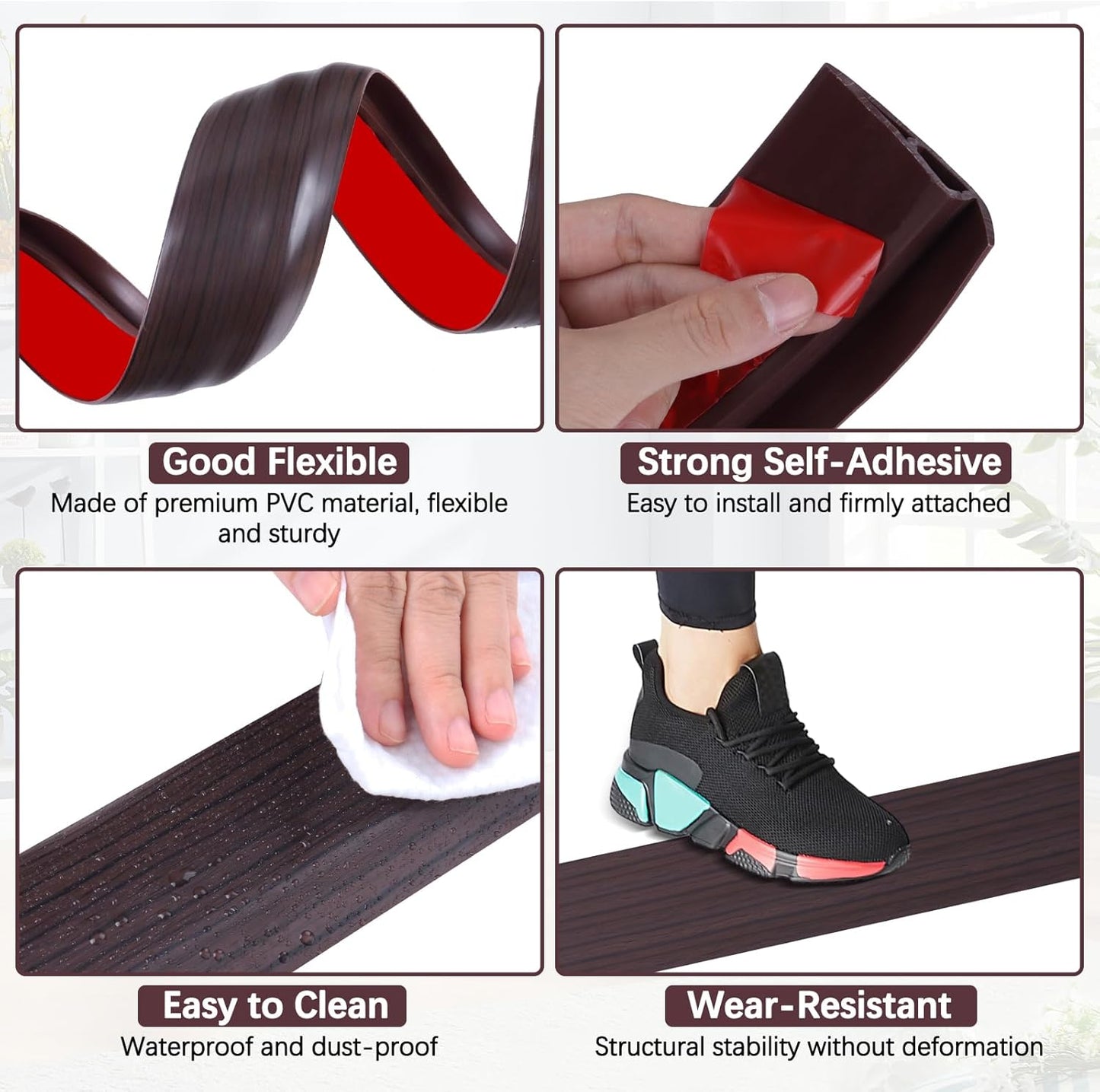 Vinyl Door Threshold Flooring Transition Strip Self Adhesive Carpet Edging Strip for Laminate Doorway Edge Threshold from 1/5" to 2/5" (Black Walnut Wood Grain, 10 Ft)