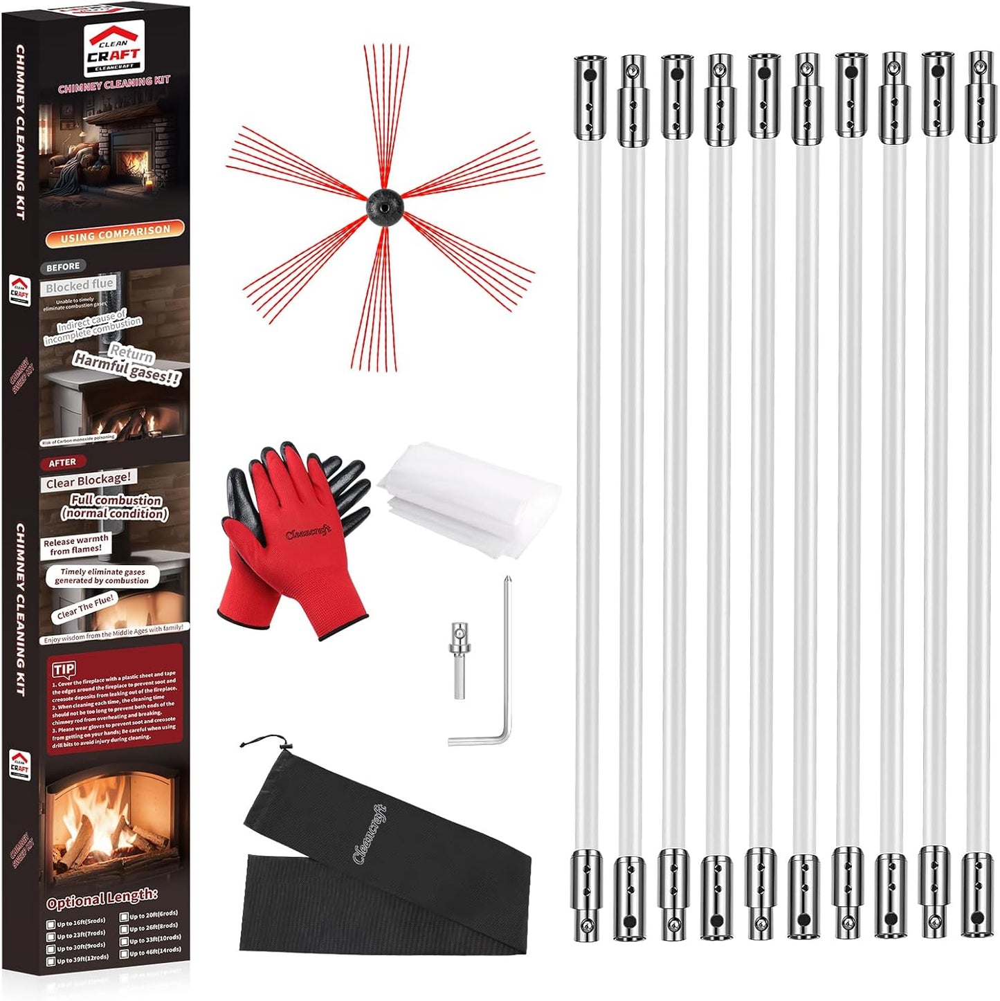 Chimney Sweep Kit - 33 Feet, 10 Flexible Rods, Brush & Drill-Driven Rotary System