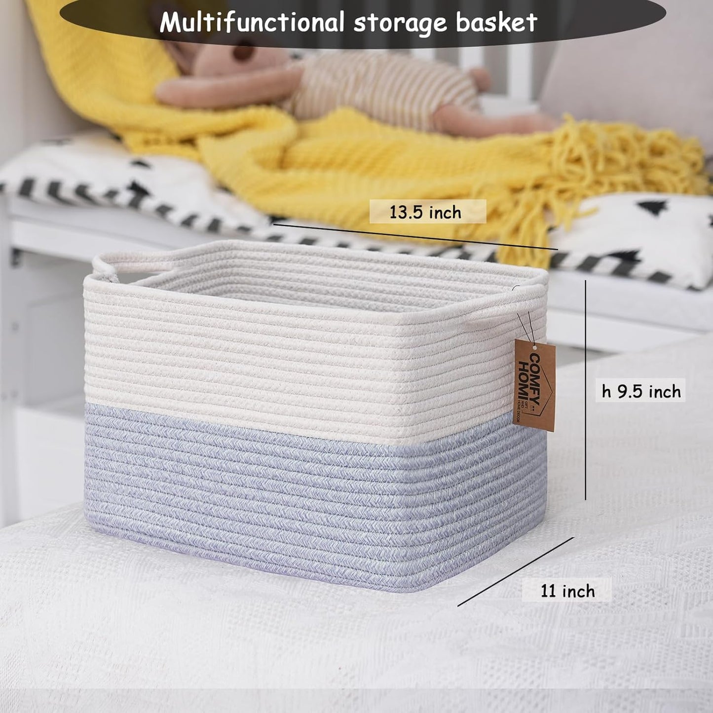 COMFY-HOMI 3PACK Cotton Rope Square Baske with Handles for Shelves|Dog Toy Baske Bin and Storage|Baby Baske for Gift|Shoe Baske for Organizing|13.5" x 11" x 9.5" for Living Room（White/Blue）