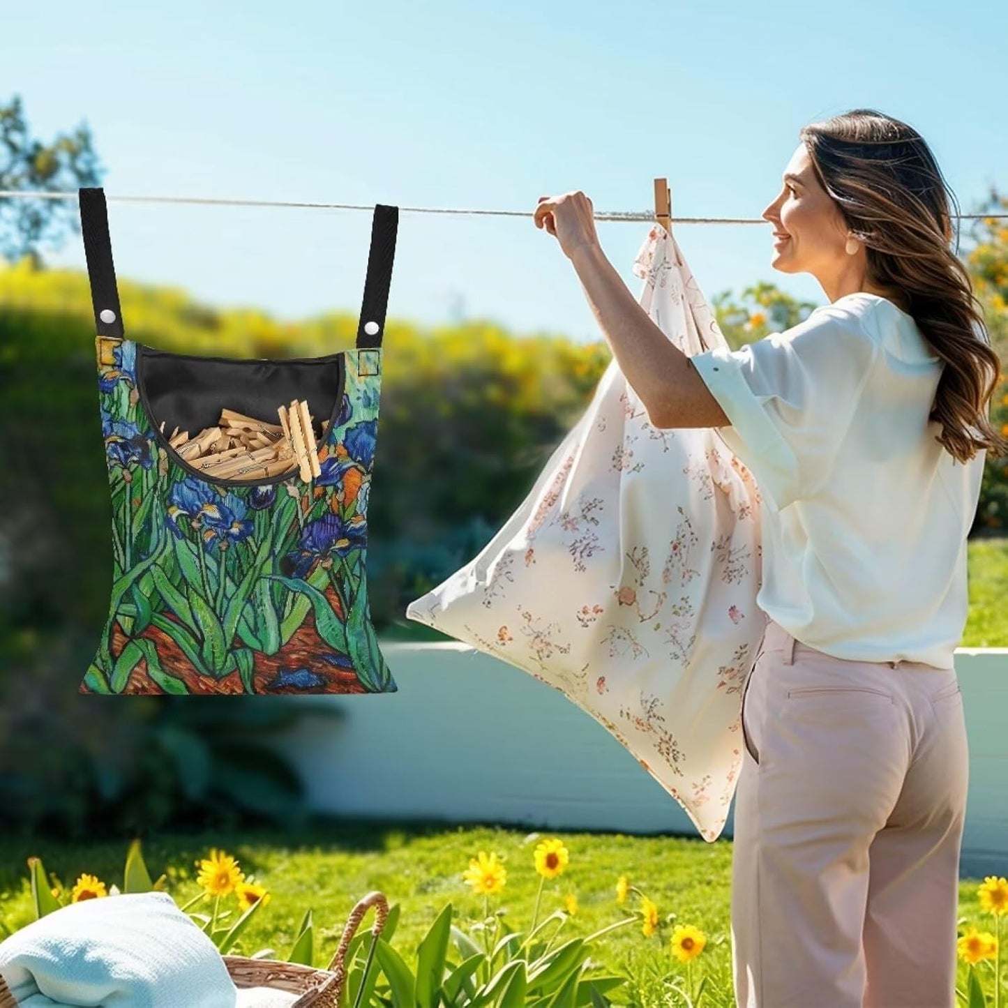 Floral Print Clothespin Organizer Bag Fashion Clothespin Storage Organizer with Large Opening Rotatable Clothespin Storage Bag Laundry Clothespin Bags, Clothespin Storage Hanger Bag