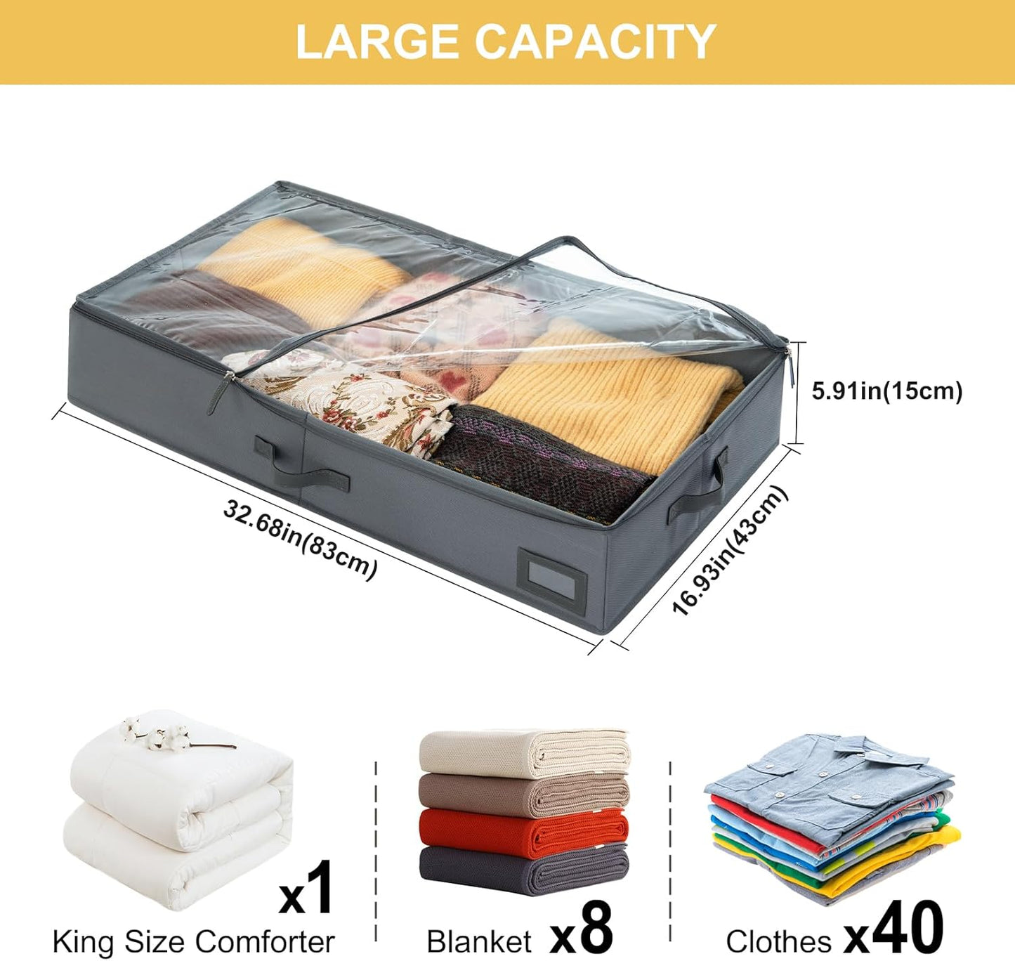 6-Inch Under Bed Storage Containers (3-Pack) | Sturdy Sidewalls | Clear Cover & Label Holder | Underbed Organizer for Crib/Couch | Stores Clothing/Blankets/Wrapping Paper/Toys