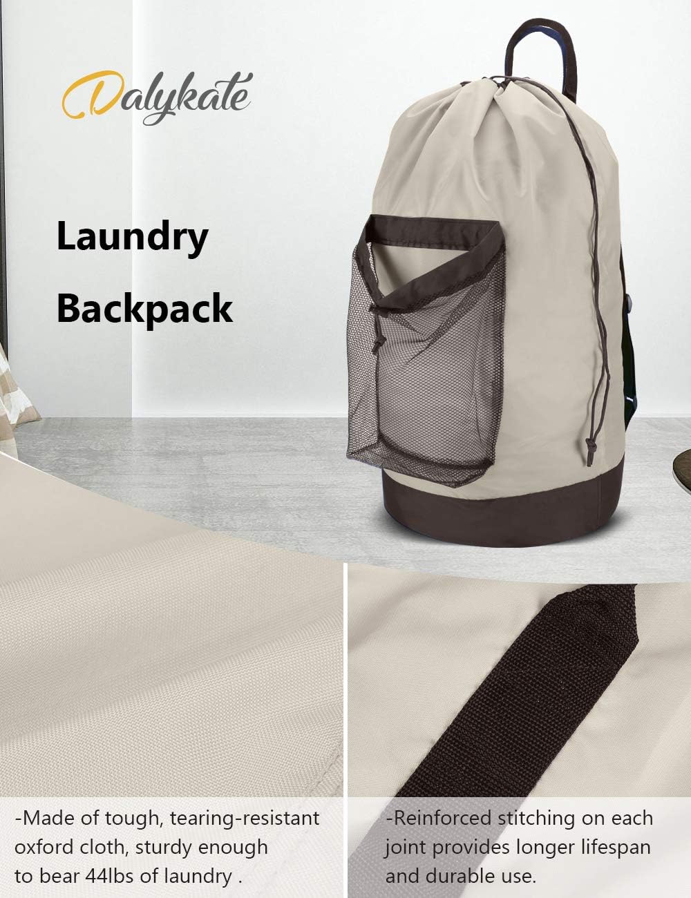 Dalykate Backpack Laundry Bag, 115L Large Hamper with Shoulder Straps, Drawstring Closure, Mesh Pocket, Khaki