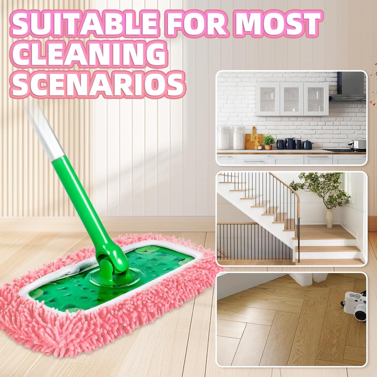 4 Pack Reusable Mop Pads Compatible with Swiffer Sweeper, Microfiber Chenille Washable Swiffer Mop Pads, Dry & Wet Sweeping Mopping Cloths (Pink)