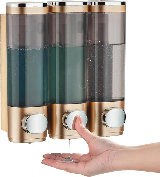 pollock Shampoo Conditioner Dispenser Shower Soap Dispenser 3 Chamber No Drill Shampoo Dispenser for Shower Wall Mounted Shampoo Conditioner Body Wash Dispenser for Bathroom Hotel Gold