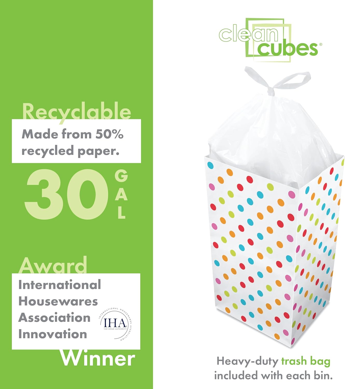 30 Gallon Disposable Pop-Up Trash Cans (3-Pack) with Fitted Bags – Foldable Garbage & Recycling Bins for Parties, Events & Kitchen (Polka Dot, 30" H x 14" W x 17" D)