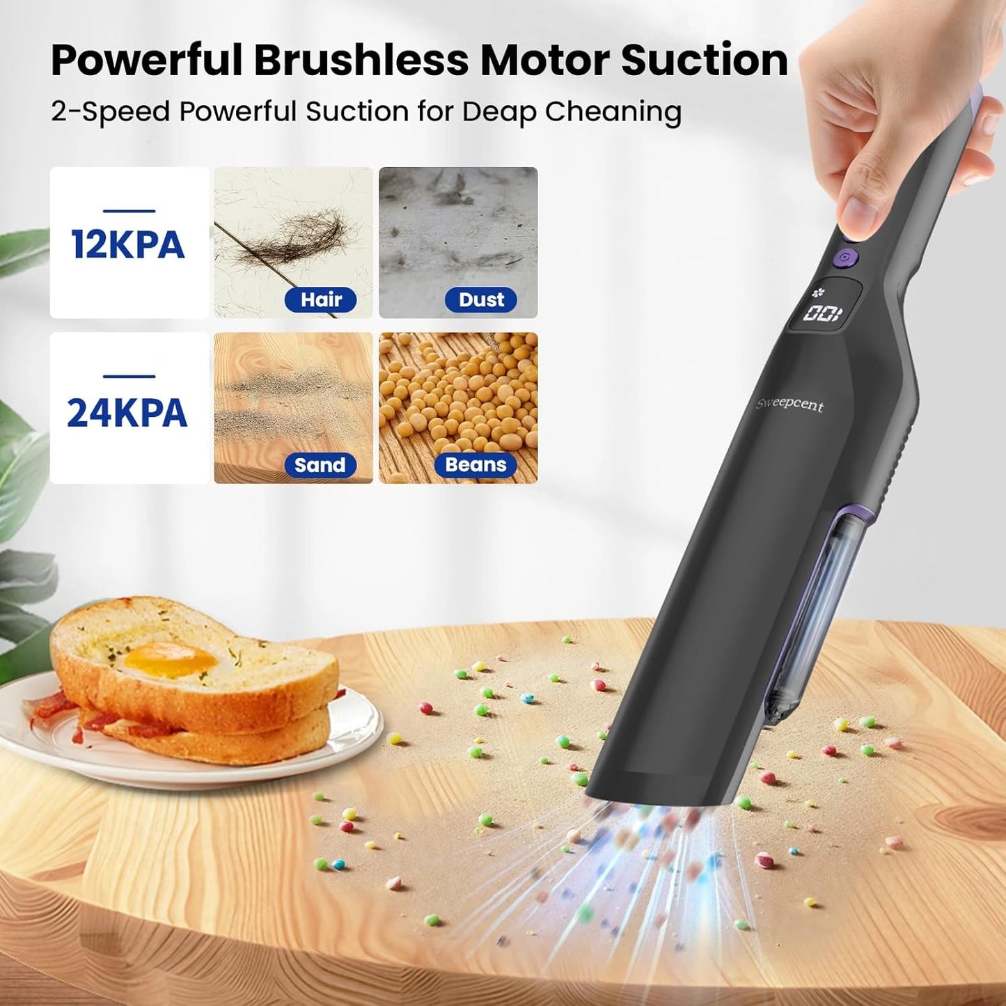 Cordless Handheld Vacuum, 24Kpa Car Vacuum with Brushless Motor, Charging Dock, 2in1 Flat Nozzle, Sofa Brush, 1.5lb Portable Handheld Vacuum with 2-Speed for Home, Car, Pet, Office, Purple