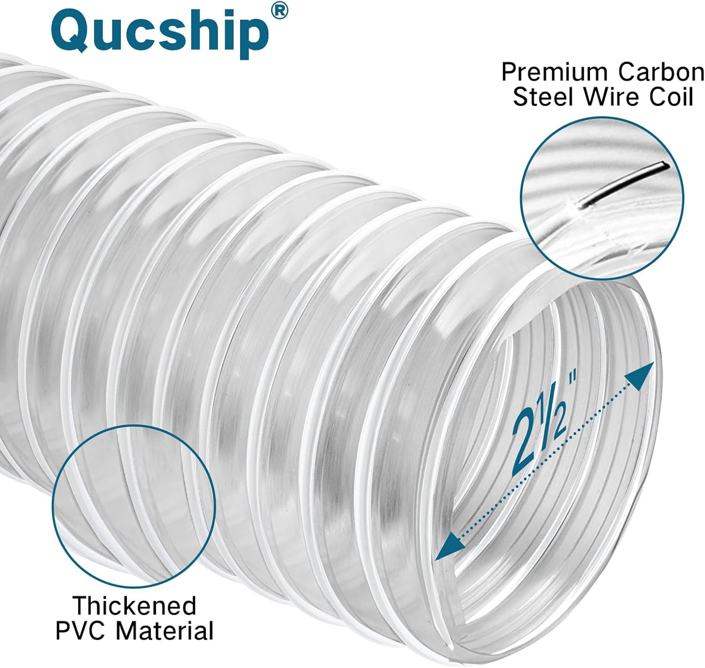 Heavy PVC Dust Collection Hose 2.5" x 5', Flexible Clear PVC Fume Collection Hose, Puncture-Resistant, Reinforced With Coated Wire Helix