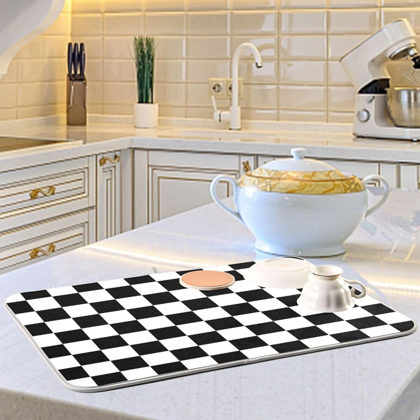 Black White Chessboard Dish Drying Mat for Kitchen Countertop 16x18 Plaid Checkered Rectangle Small Drying Mat Reusable Quick Dry Dish Sink Absorbent Mats Easy Clean Decorative Home Essentials