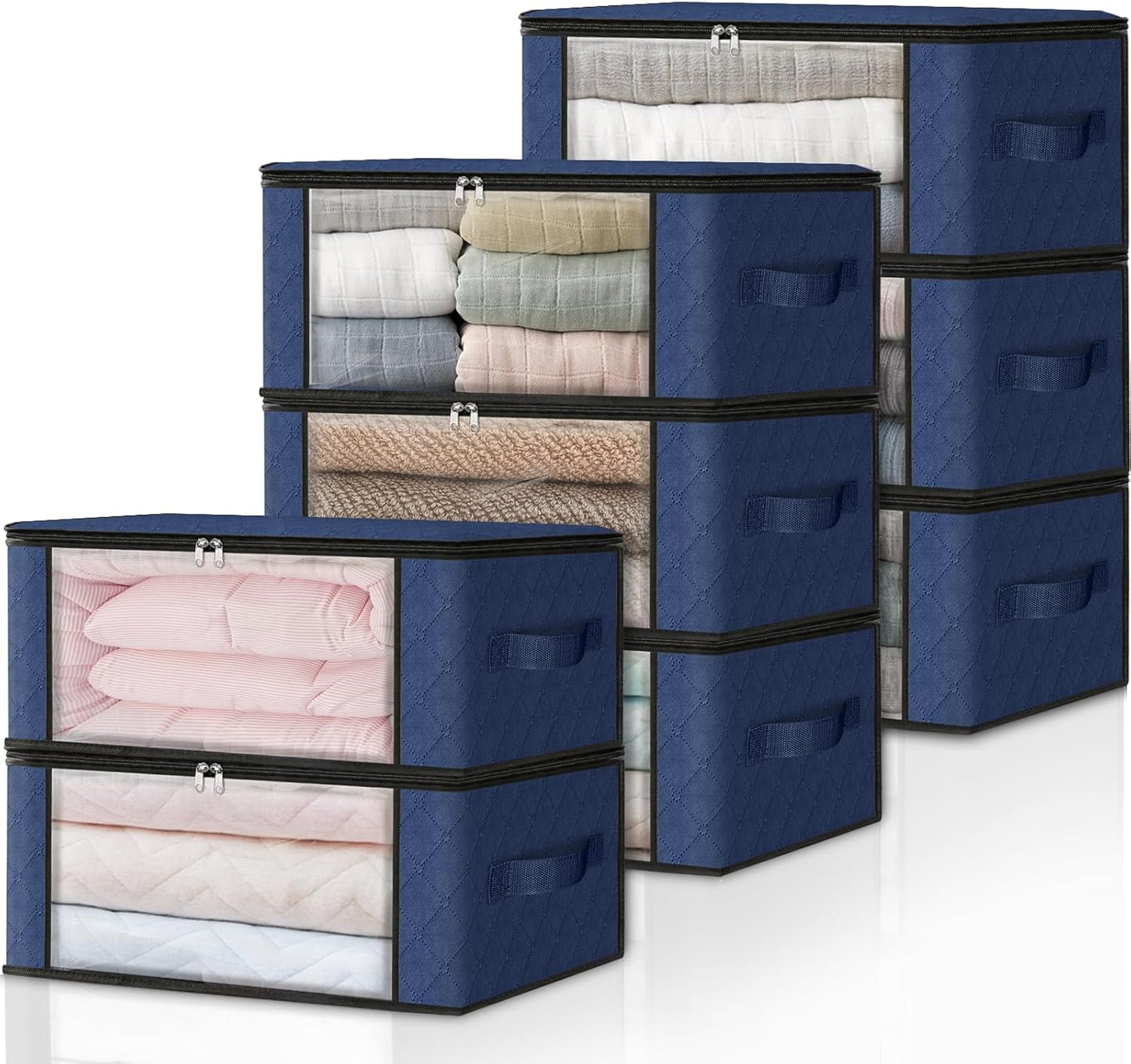 HomeHacks Storage 8-Pack Clothes Organizer Storage Bags Foldable Storage Box with Large Clear Window Sturdy Handles for Closet, Dorm, Pillows, Bedding, Clothes, Blankets, 35L, Blue