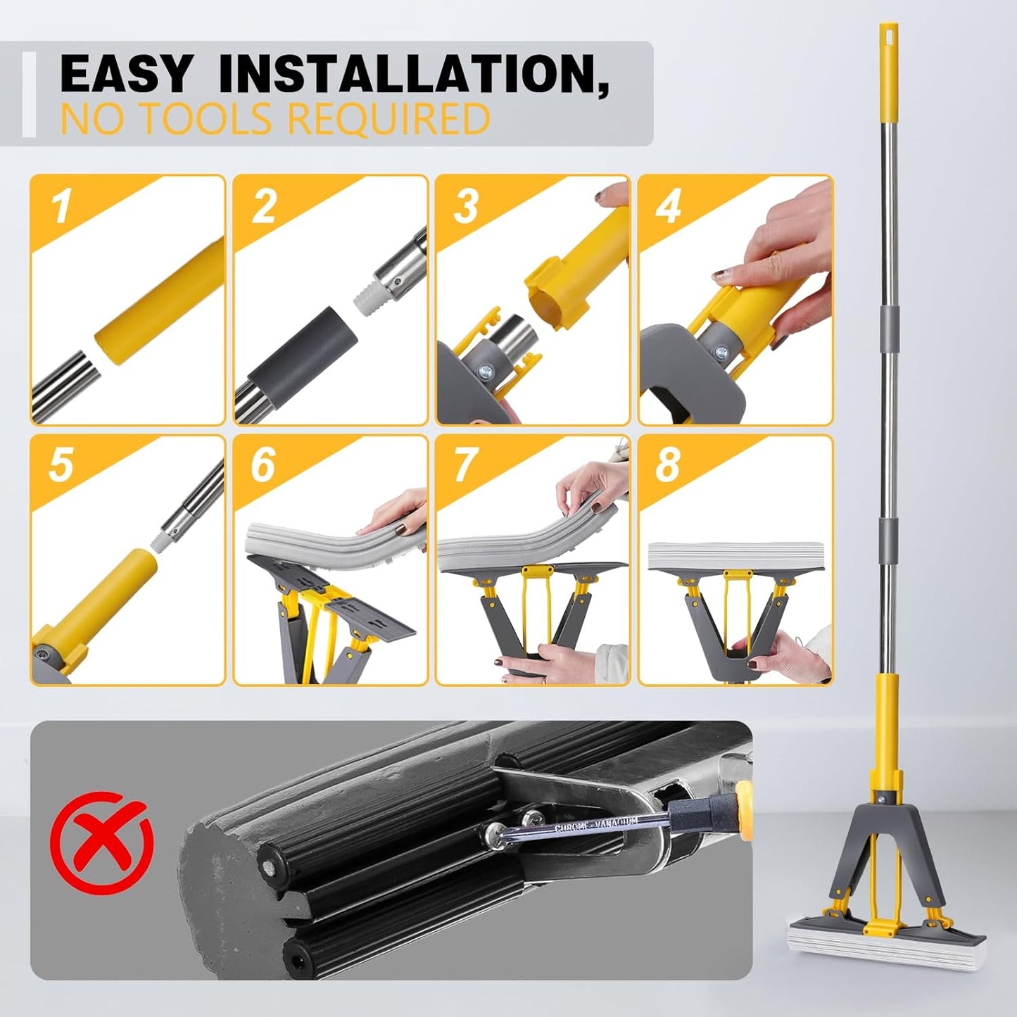 Masthome Sponge Mop,Roller Sponge Mop with 3 Absorbent PVA Mop Refills,Self Squeeze Sponge Mops and Stainless Steel Handle,PVA Sponge Mops for Floor Cleaning