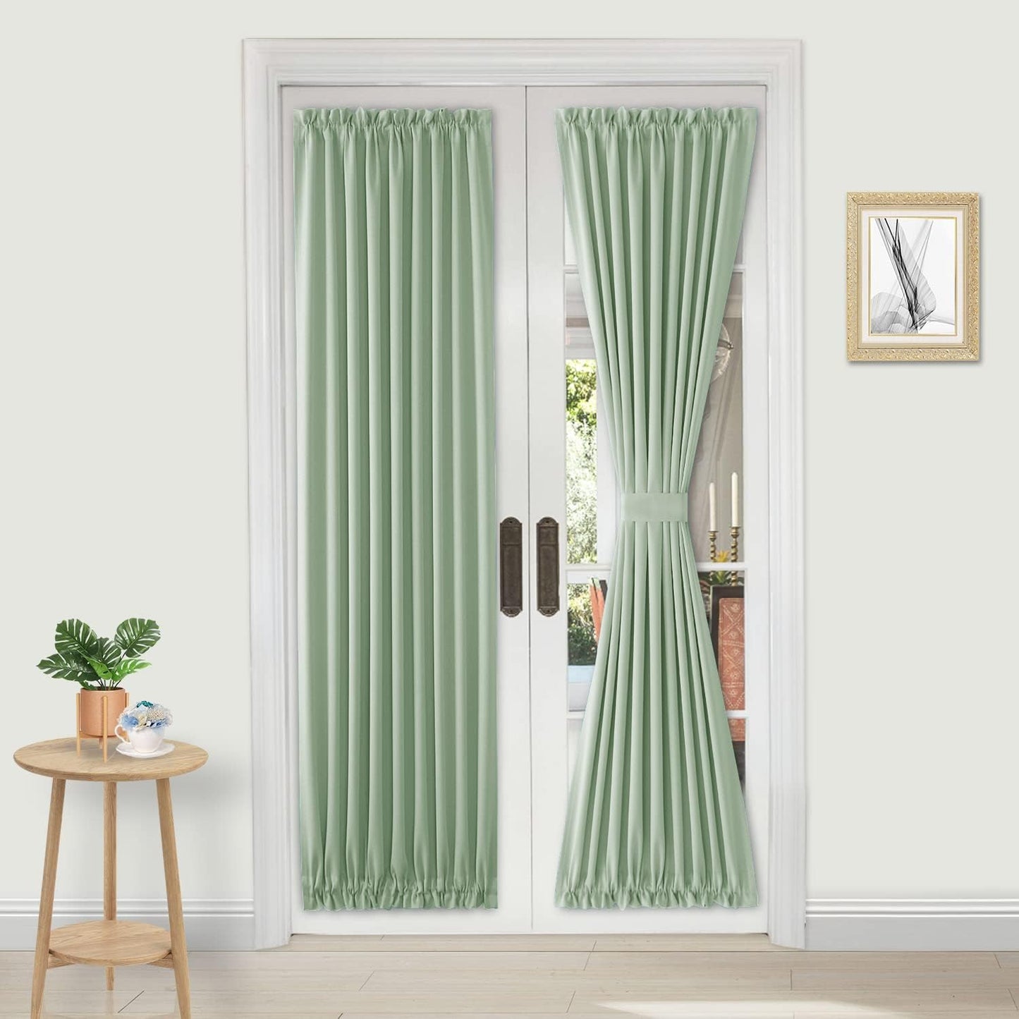 DWCN French Door Curtains – Rod Pocket Thermal Blackout Curtain for Doors with Glass Window, Kitchen and Patio Doors for Privacy, 36 X 72 Inches Long, 1 Curtain Panel with Tieback,Bean Green