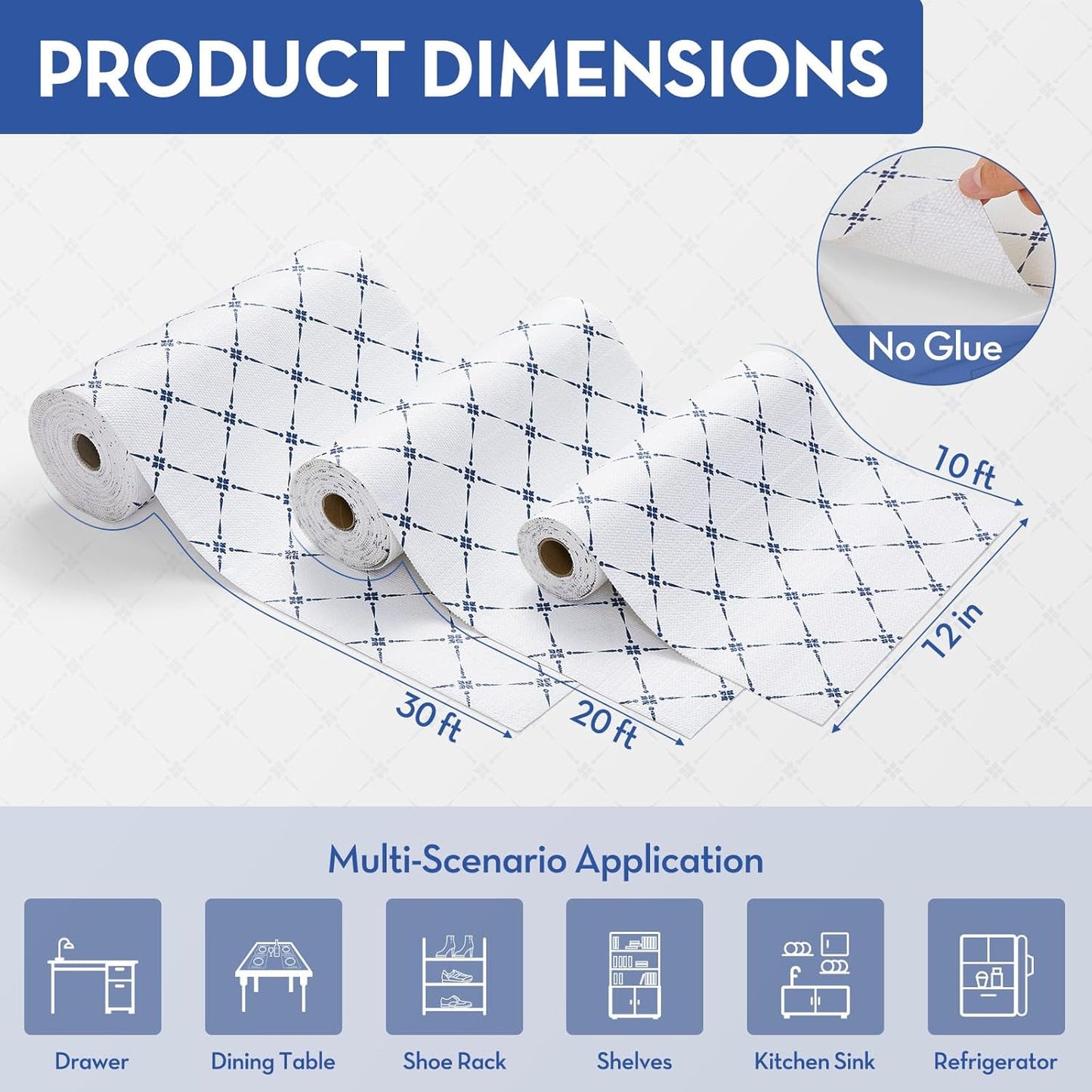 Drawer and Shelf Liner, Non-Slip Kitchen Cabinet Liners Non-Adhesive Thick Strong Grip Waterproof Washable Mats Protect Dresser Shelves Cupboard Bathroom Cabinets, Blue Stripe, 12 in X 30 FT