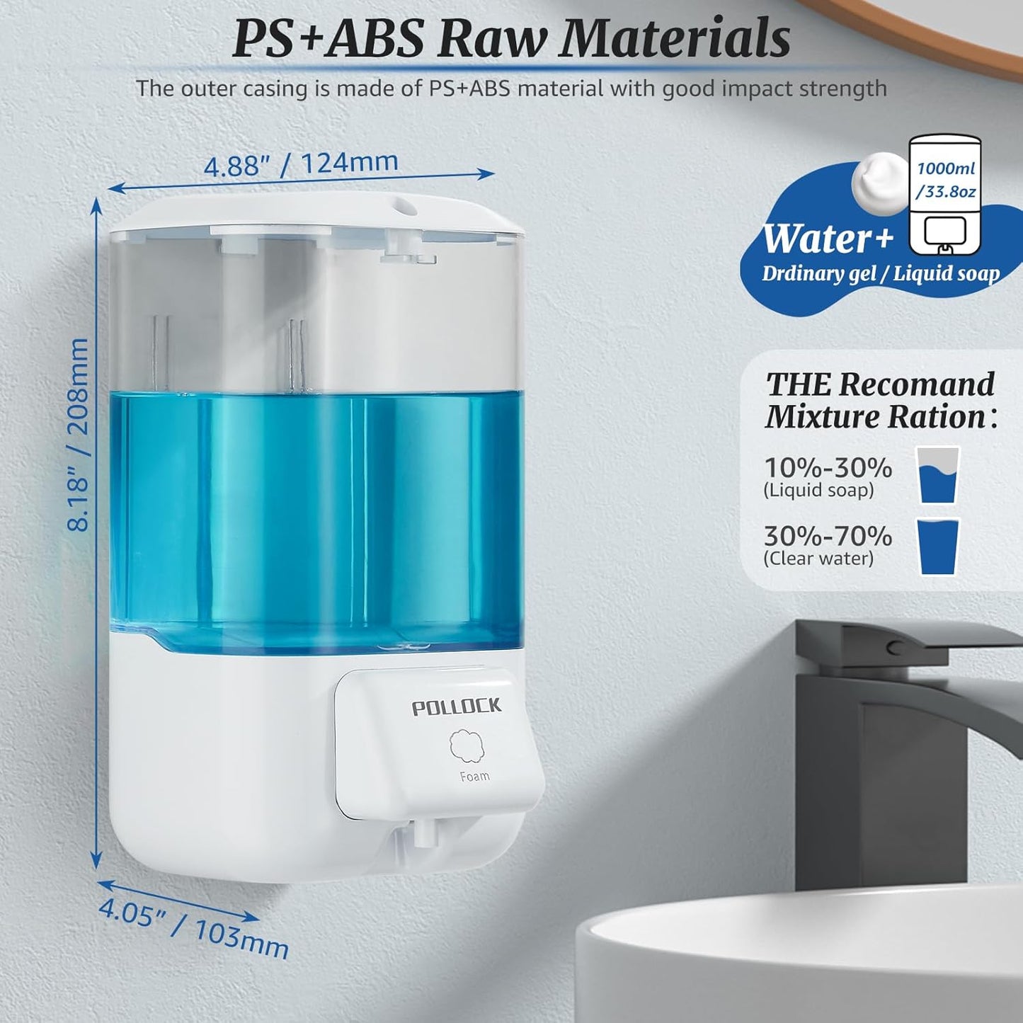 Foaming Hand Soap Dispenser Wall Mounted,Hand Sanitizer Dispenser,Lotion Detergent Dispenser,Dish Soap Dispenser for Kitchen,Commercial Foam Soap Dispense for Bathroom,33.8OZ/1000ML