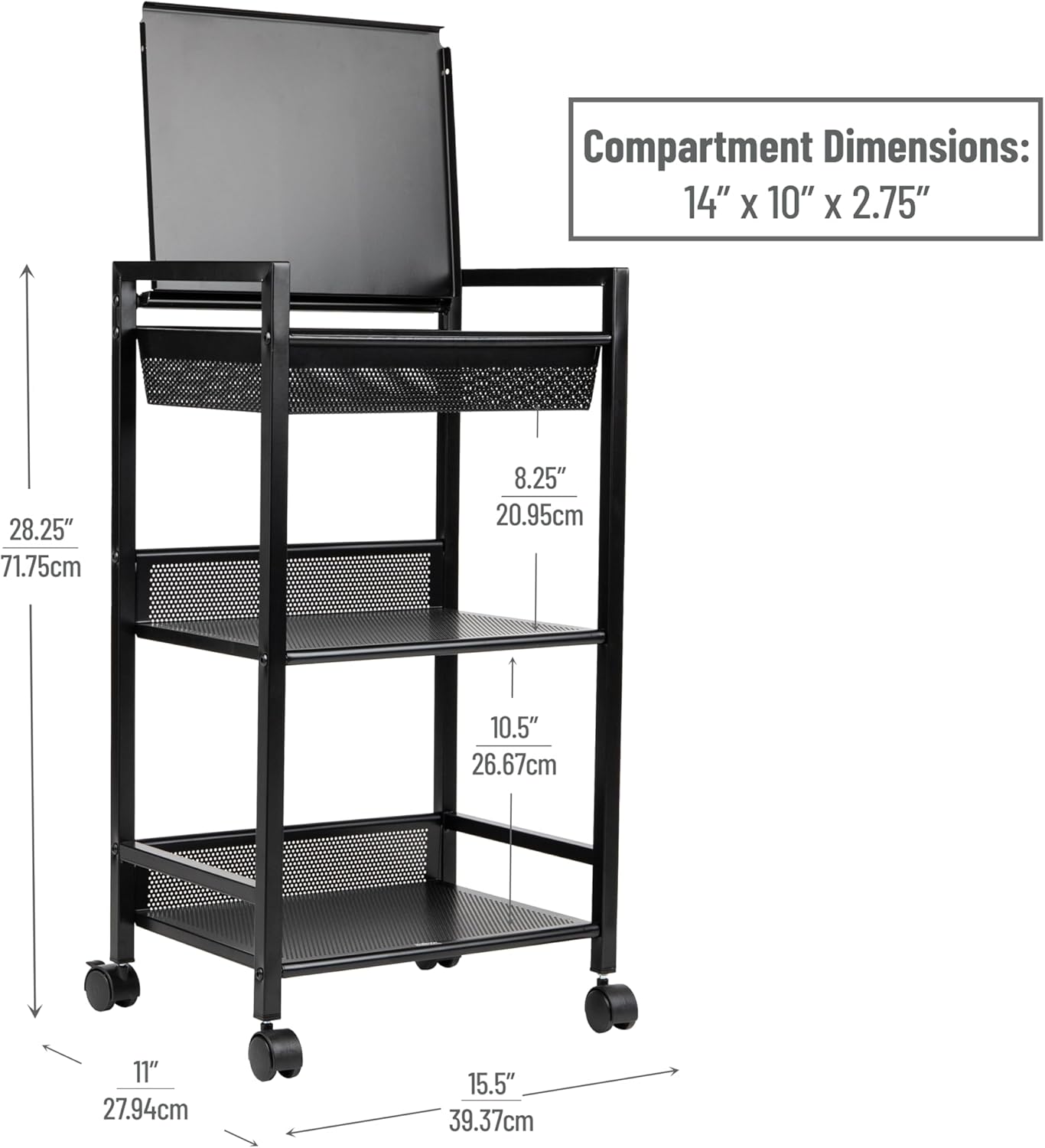 Mind Reader Cart with Covered Compartment, Office Organizer, Storage, 3-Tier, Office, Metal, 15.5" L x 11" W x 28.25" H, Black