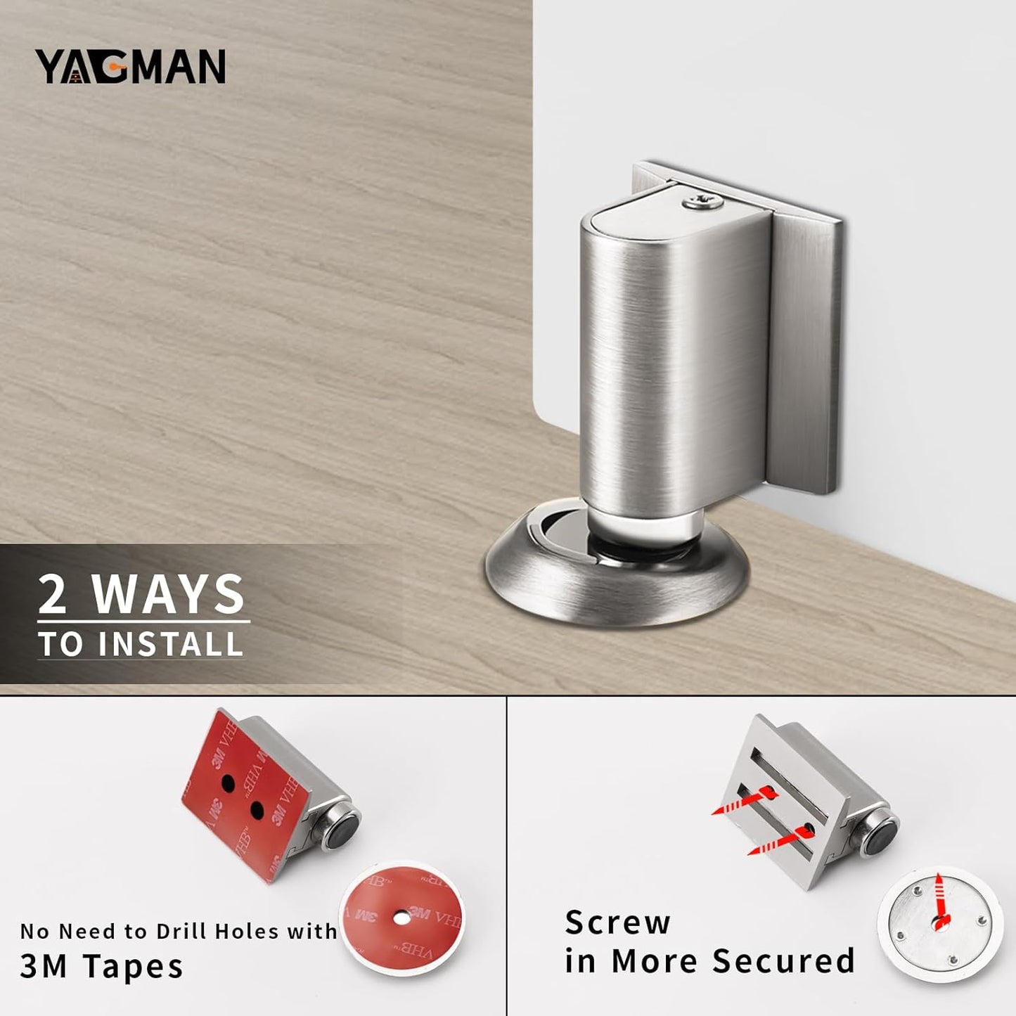 2 Pack Magnetic Door Stoppers Retractable Bottom of Door Holder No Drilling Mount Floor Door Stop with Screws and Adhesive Catch Door Keep Door Open Brushed Nickel BN-2