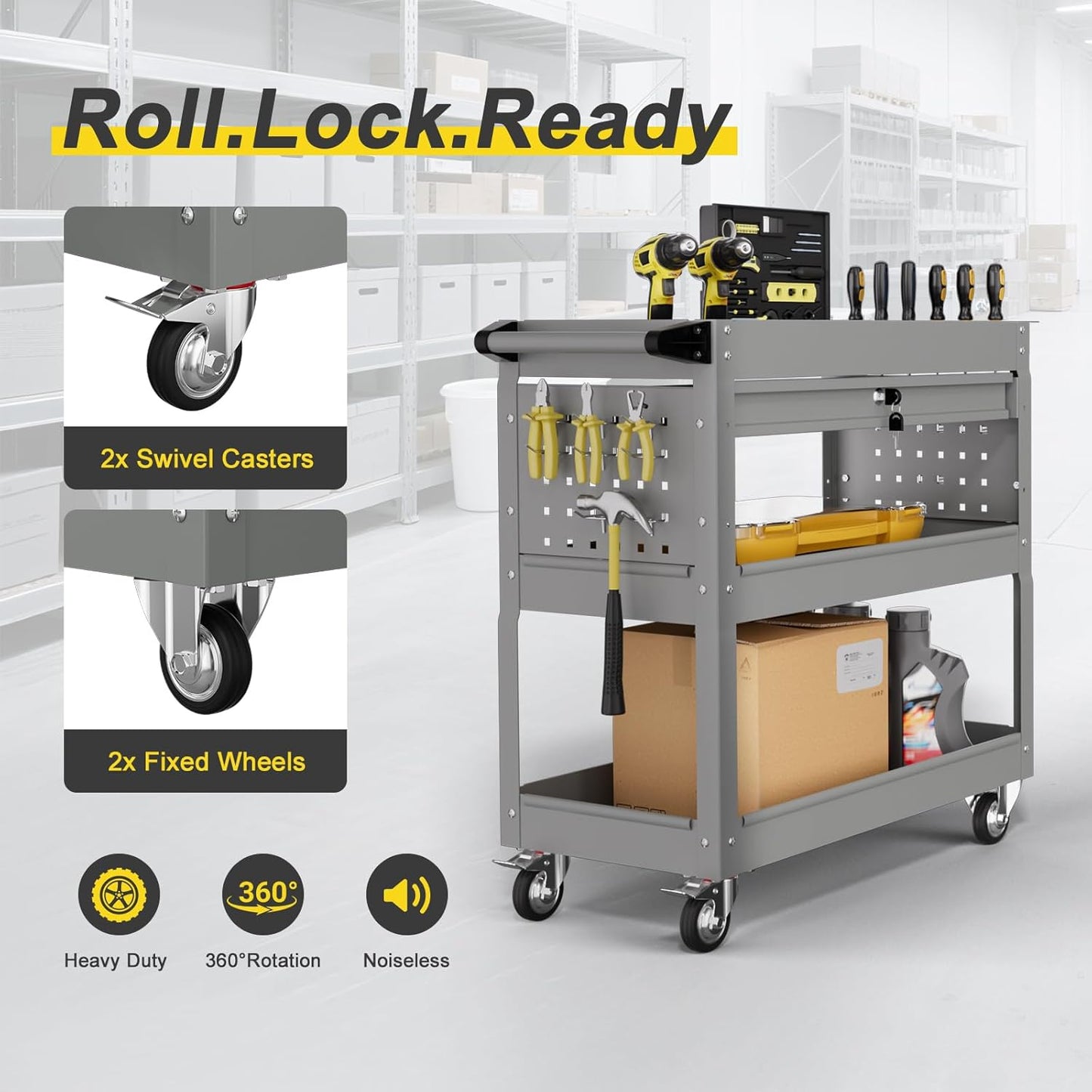 3-Tier Rolling Tool Cart with Drawers, Heavy Duty Utility Storage Cart with pegboard, Lockable Metal Tool Chest on Wheels for Garage, Warehouse & Repair Shop