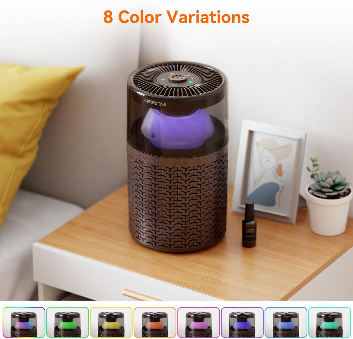 AIRROMI Air Purifiers for Bedroom Home,Up to 658 Ft²,Activated Carbon Filter Cleaner,With Fragrance Sponge for Better Sleep,Night Light,Pet Dander,Allergies,Smoke,Odor,Desktop Air Cleaner A2002 Brown