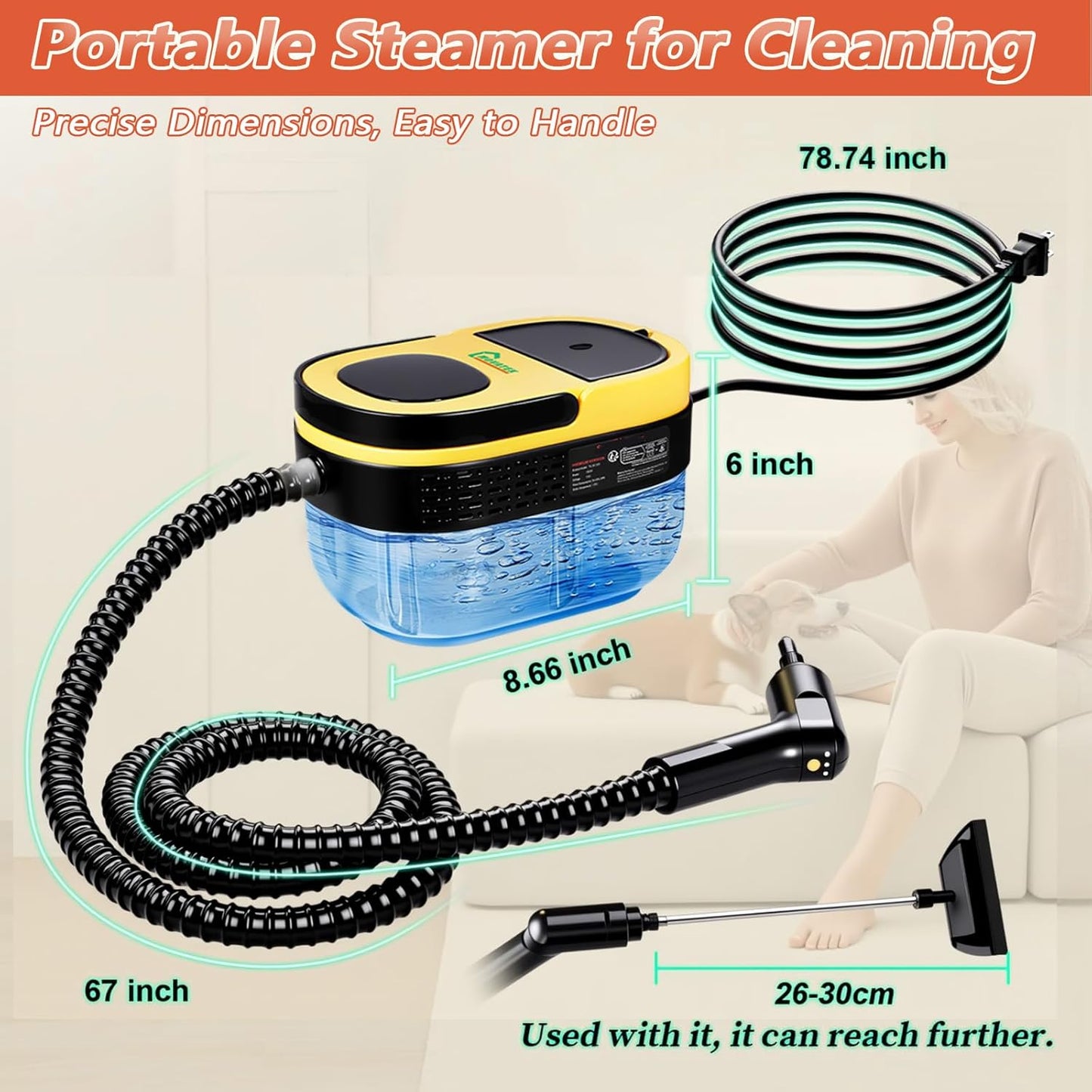 Handheld Steam Cleaner, 10s Fast Heating Steamer for Cleaning, 1.6L Water Tank, 3 Levels Adjustable Handle, 11-in-1 Steam Cleaner for Home, Kitchen, Dirt, Grease, Grout, Tile, Floor, Couch and Car