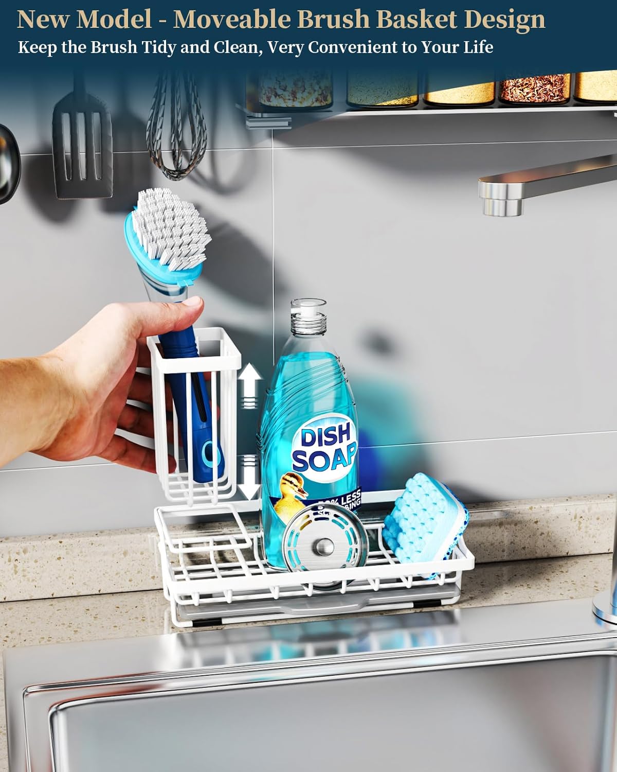 Consumest Sponge Holder for Kitchen Sink - Sink Caddy Organizer with Removable Drip Tray for Countertop Dish Soap Dispenser Brush Storage Kitchen Accessories 304 Stainless Steel, White