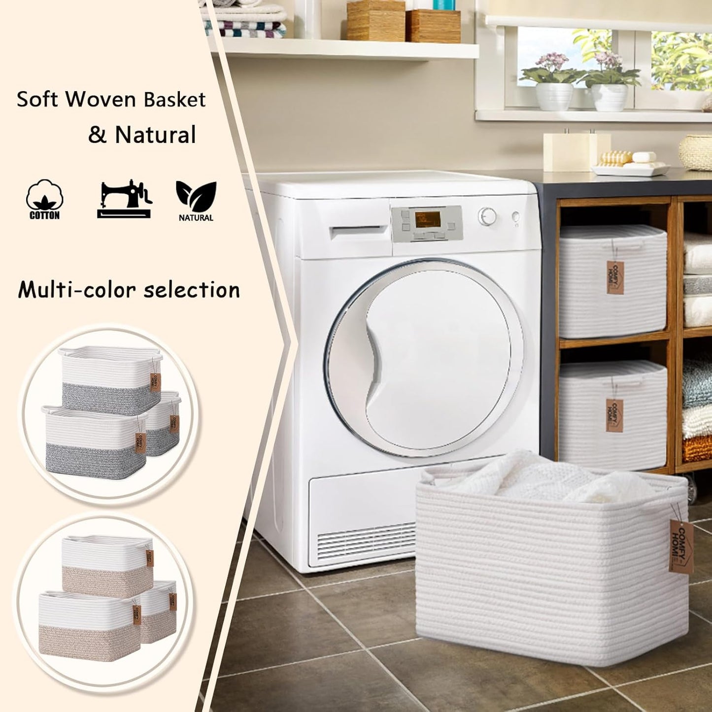 COMFY-HOMI 3PACK Cotton Rope Square Basket with Handles for Shelves|Dog Toy Basket Bin and Storage|Baby Basket for Gif|Shoe basket for Organizing|New13.5" x 11" x 9.5" for Living Room（All White）