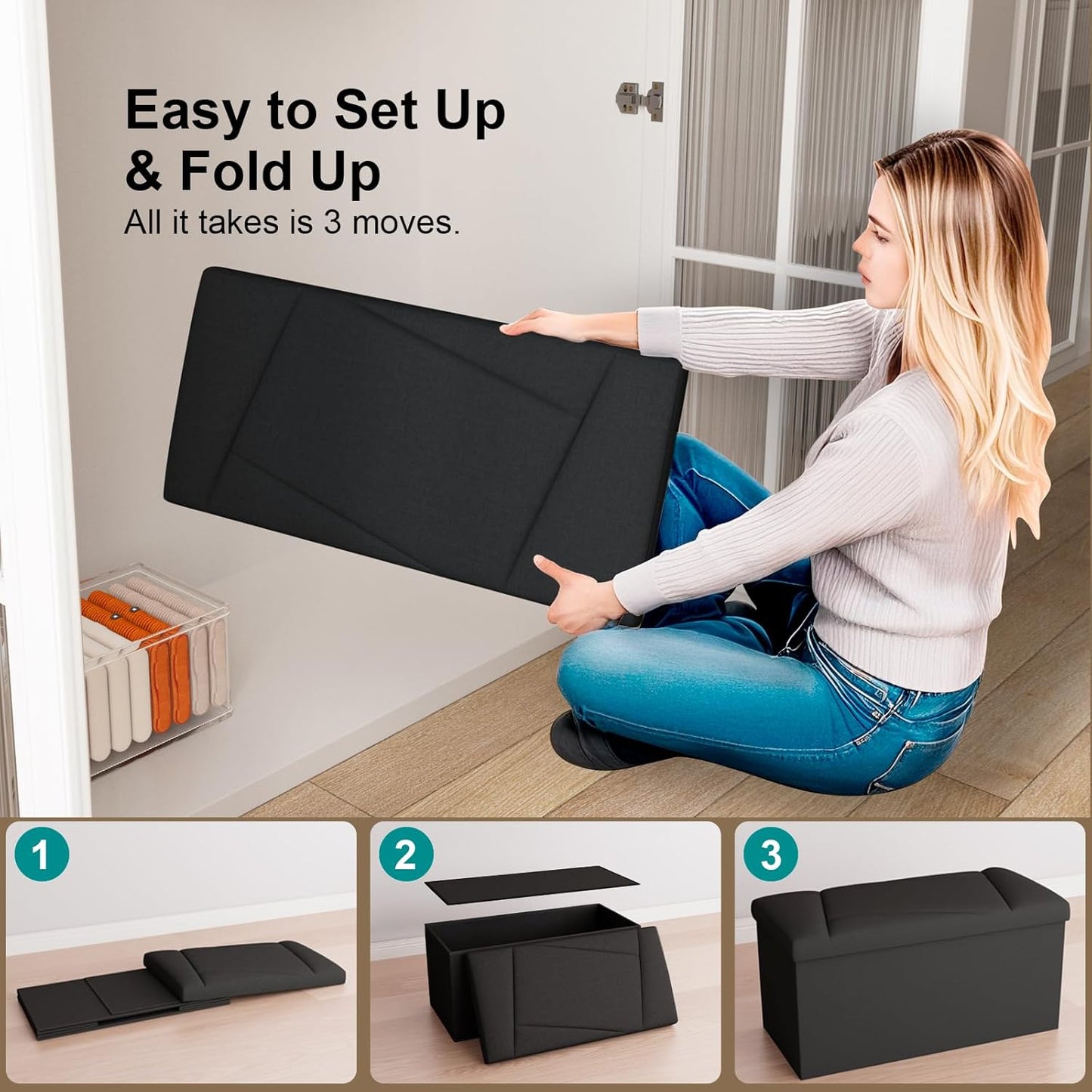 Folding Storage Ottoman Bench, 30 Inches Storage Chest, End of Bed Bench,Folding Ottoman for Bedroom, Entryway and Living Room, 30"x15"x15",Black