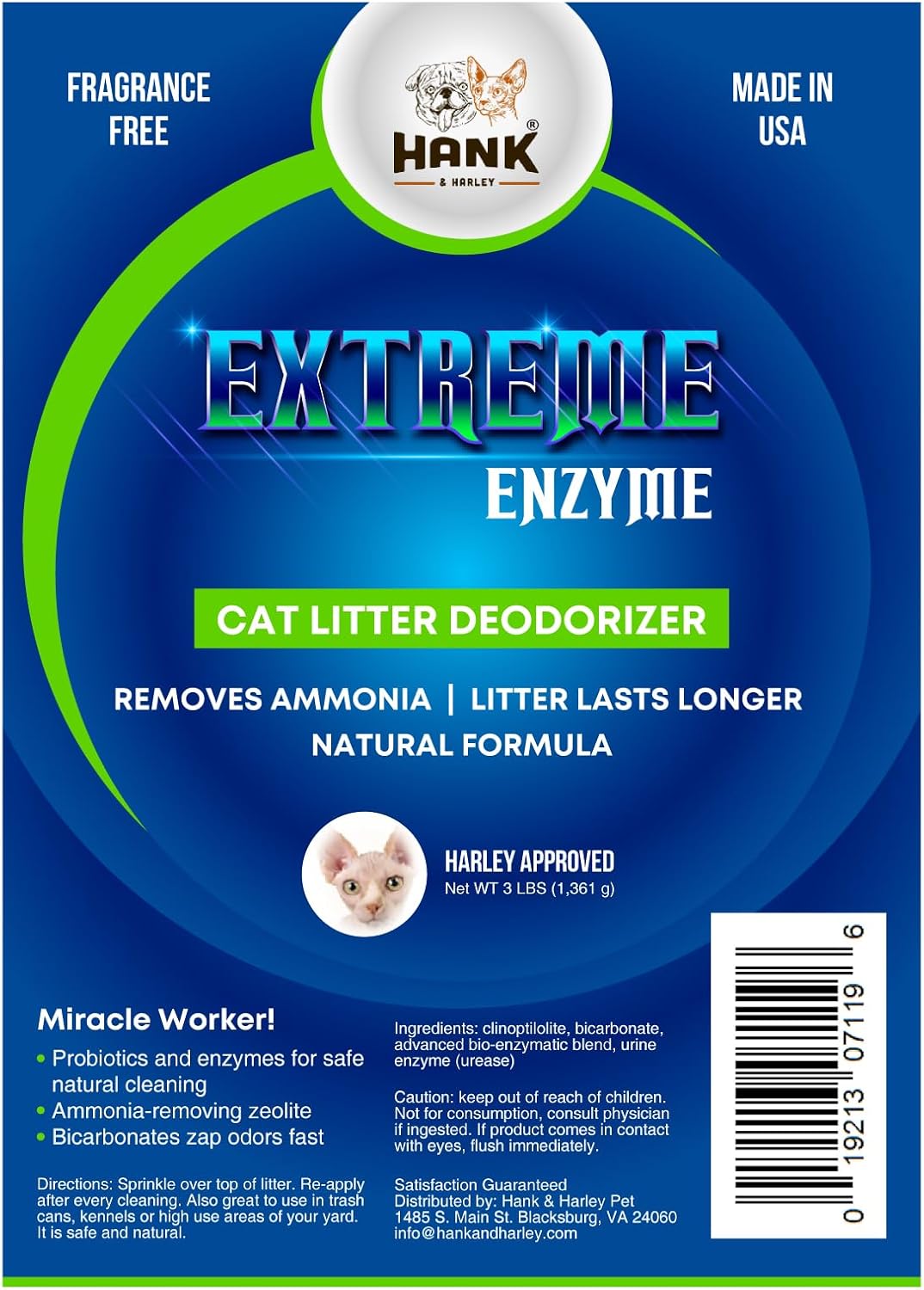 Extreme Enzyme CAT Litter Odor Eliminator, 3 lbs. Triple-Action Deodorizing Powder with Natural enzymes, Ammonia Remover and Activated Baking soda. Made in USA with no Harsh Chemicals or perfumes!