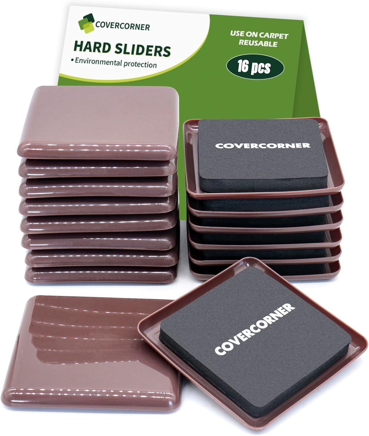 Furniture Sliders for Carpet 16 PCS - 3 1/2 inch Furniture Moving Slider Chair Legs Floors Protectors Square Furniture Movers Sliders – Move Your Furniture Easy & Safely(for Carpet)-Brown