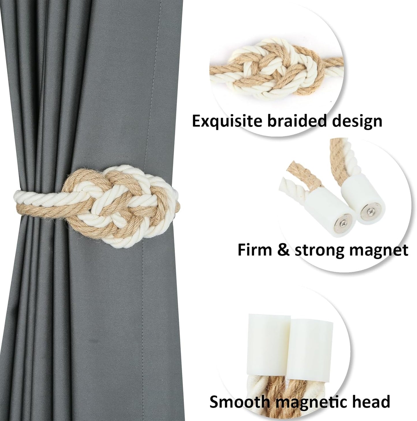 4 Pack Natural Jute Magnetic Curtain Tiebacks, Boho Rustic Style Decorative Curtain Ties Backs for Home & Office Drapery