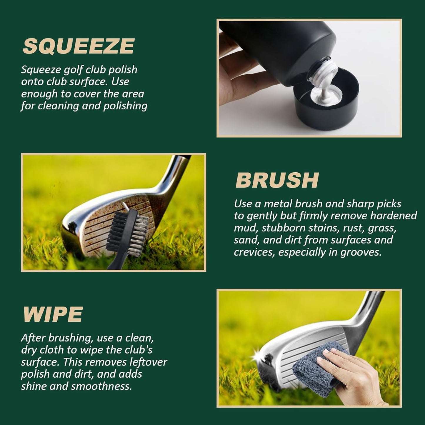 Golf Club Cleaning Kit 3-in-1 with Golf Club Cleaner Brush, Towel and 200g Golf Club Polish - Golf Club Care Kit for Instant Groove Rust & Scratch Remover - Golf Accessories for Men