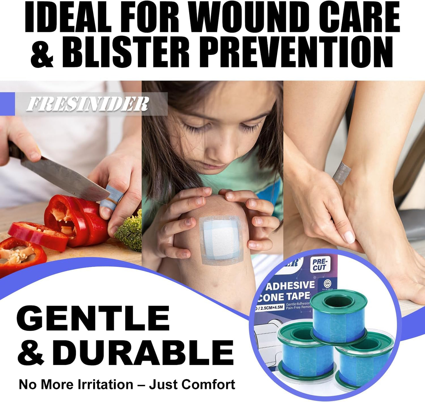 FRESINIDER Silicone Medical Tape – 1" x 5 Yard Blue 1 Roll, Pre-Cut, Waterproof & Repositionable, Pain-Free Removal, Hypoallergenic Adhesive for Sensitive Skin, Wound Care & First Aid Use