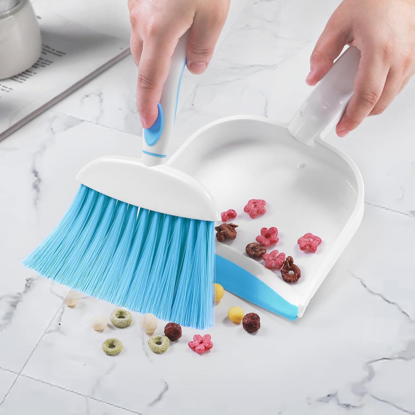 NACENA Small Dust Pan and Brush Set, Mini Broom and Dustpan Set Small Hand Broom and Brush Combo Dust Pan with Teeth for Home Cleaning Drawers Desktop Sofas Pet Care and Outdoor, Dark & Blue